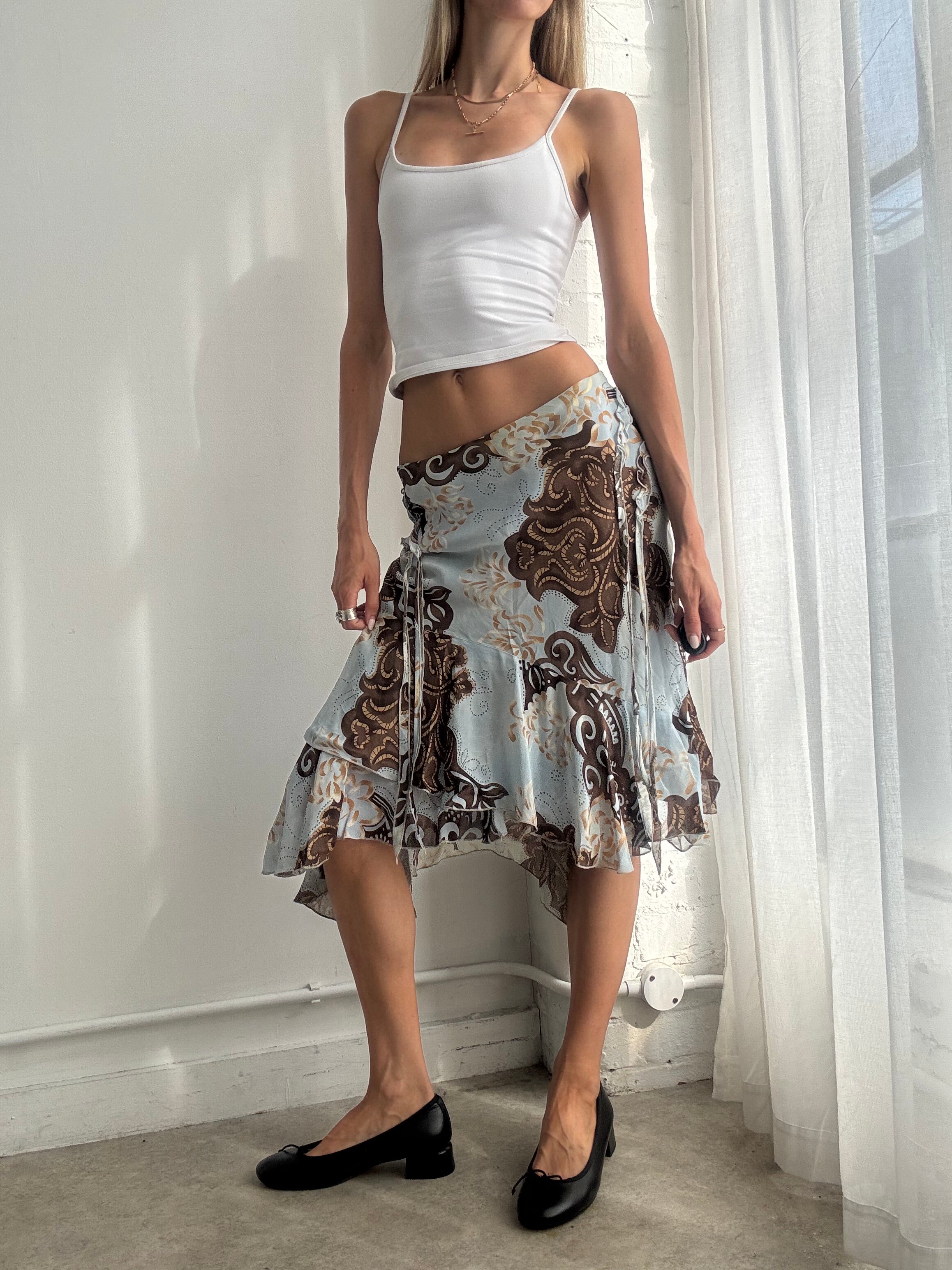 Vintage Y2K Asymmetric Paisley Ruffle Midi Skirt - Size S
