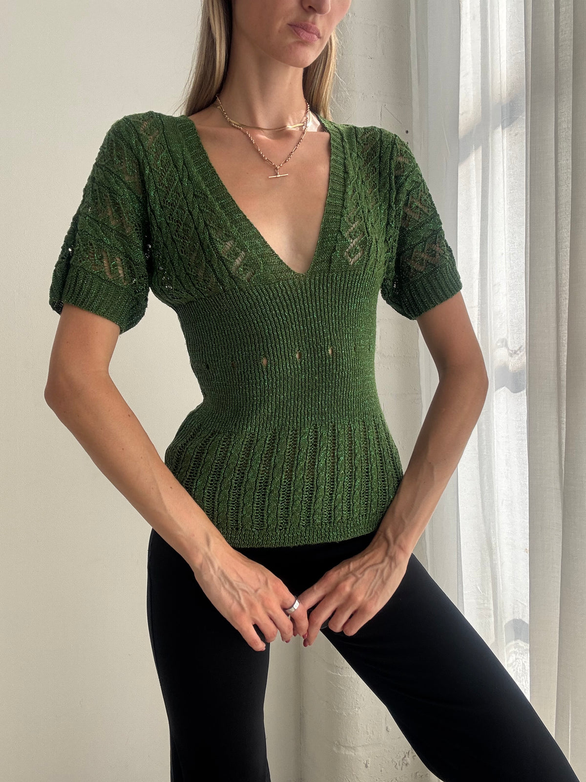Vintage Y2K Forest Green Crochet Knit V Neck Top - Size S