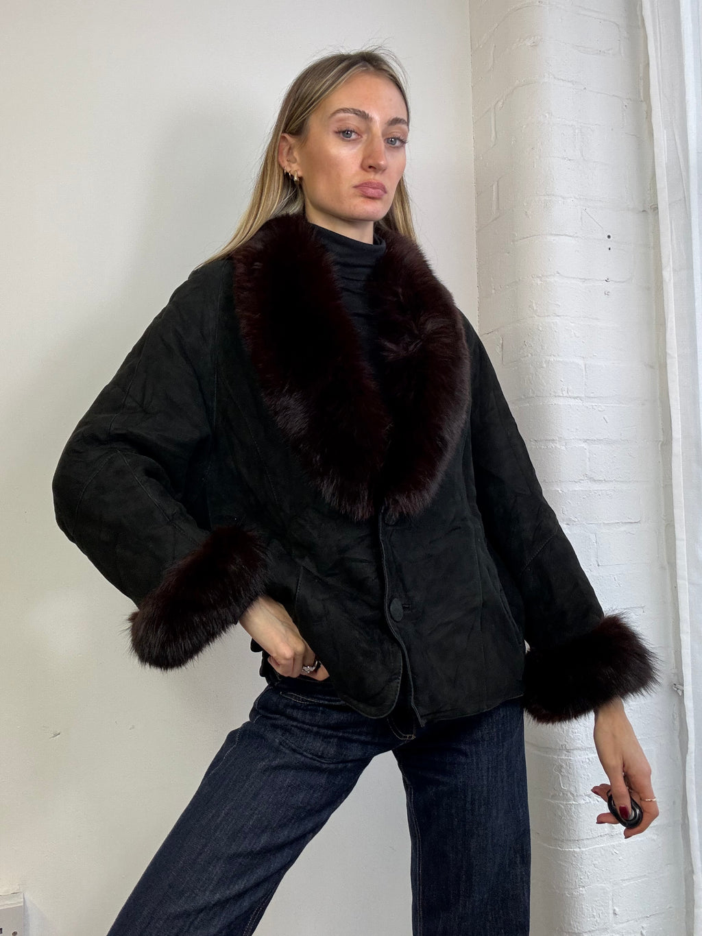 Vintage 90s black suede sheepskin & fox fur trim coat