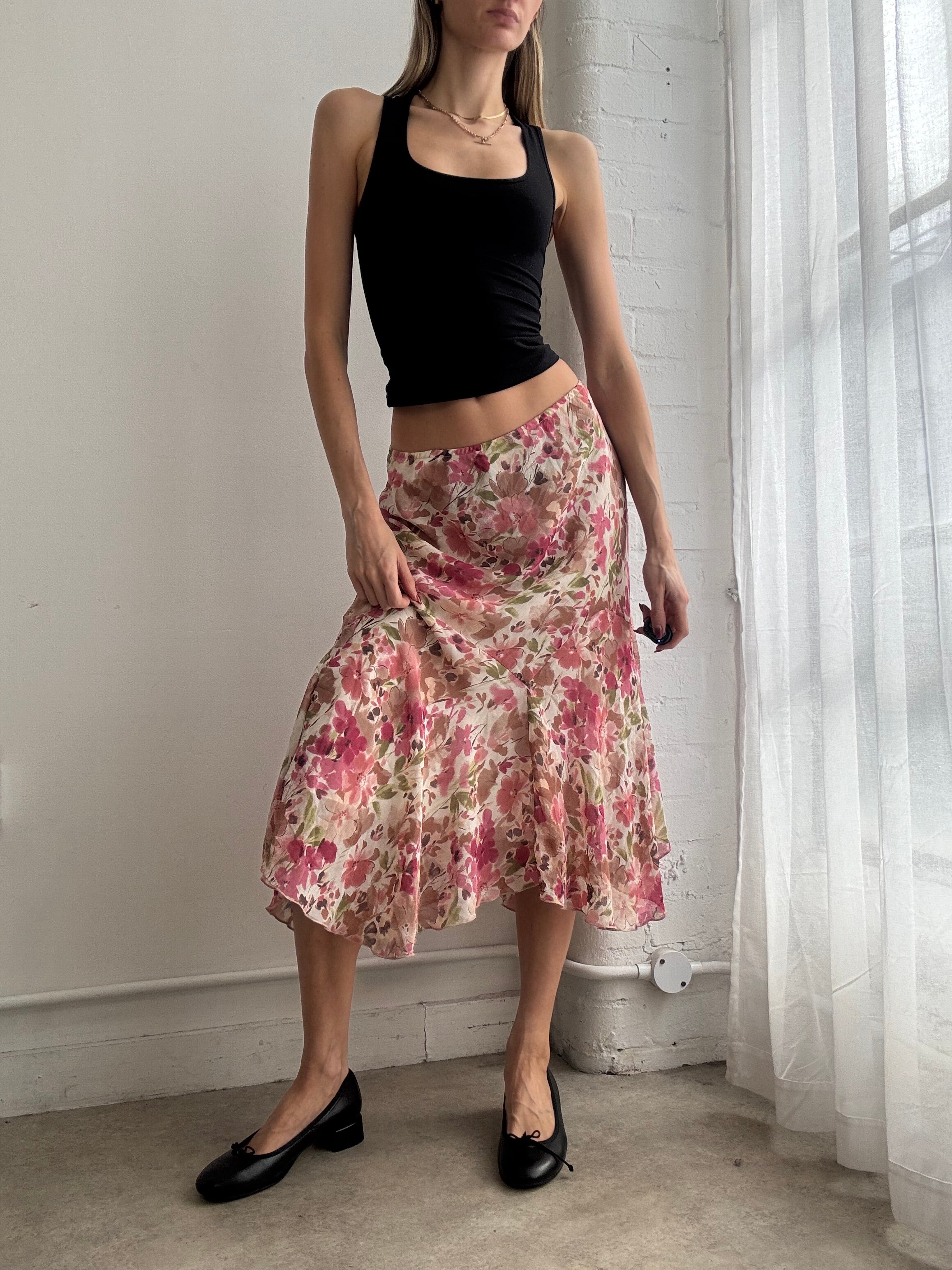 Vintage Y2K pink floral mesh asymmetric midi skirt