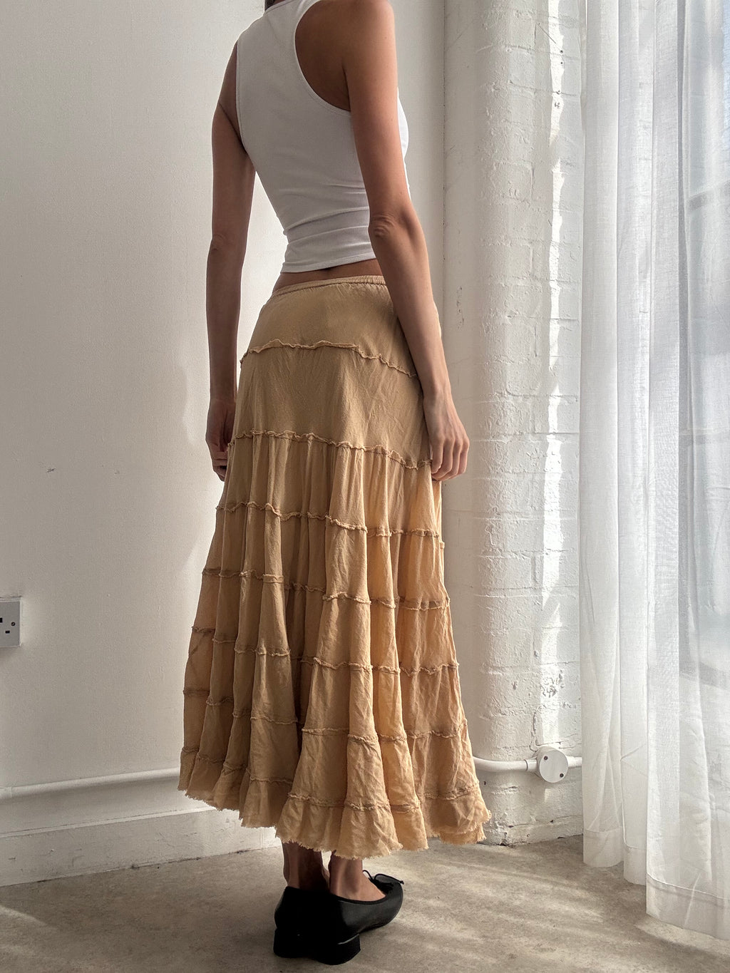 Vintage Y2K beige tiered cotton boho maxi skirt - Size S/M