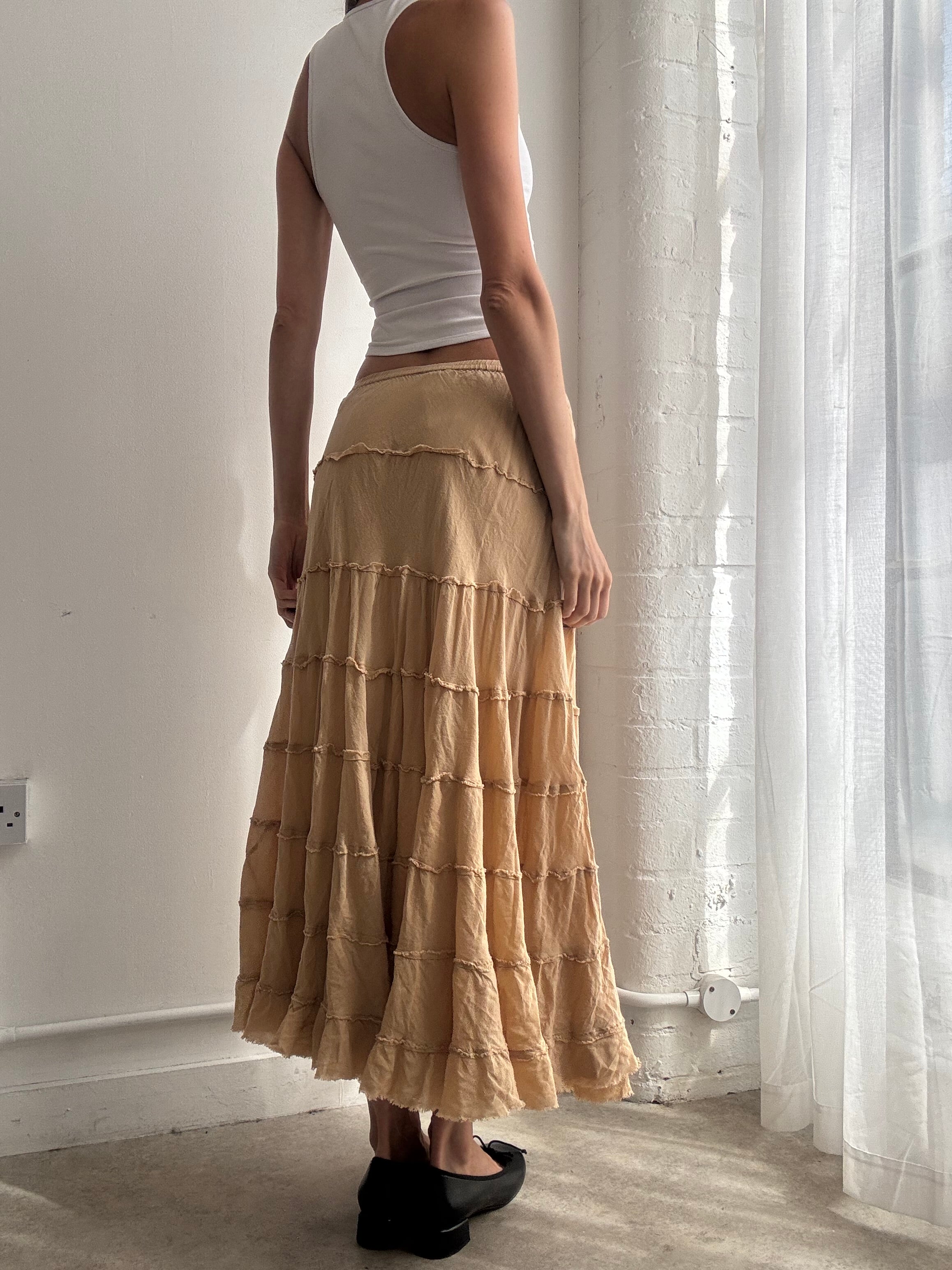 Vintage Y2K beige tiered cotton boho maxi skirt - Size S/M