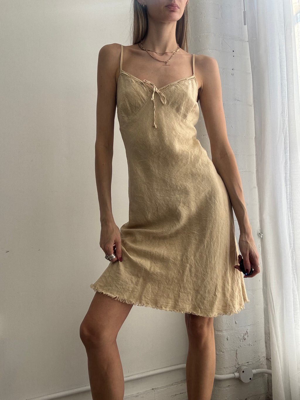 Vintage Y2K cream linen slip midi dress