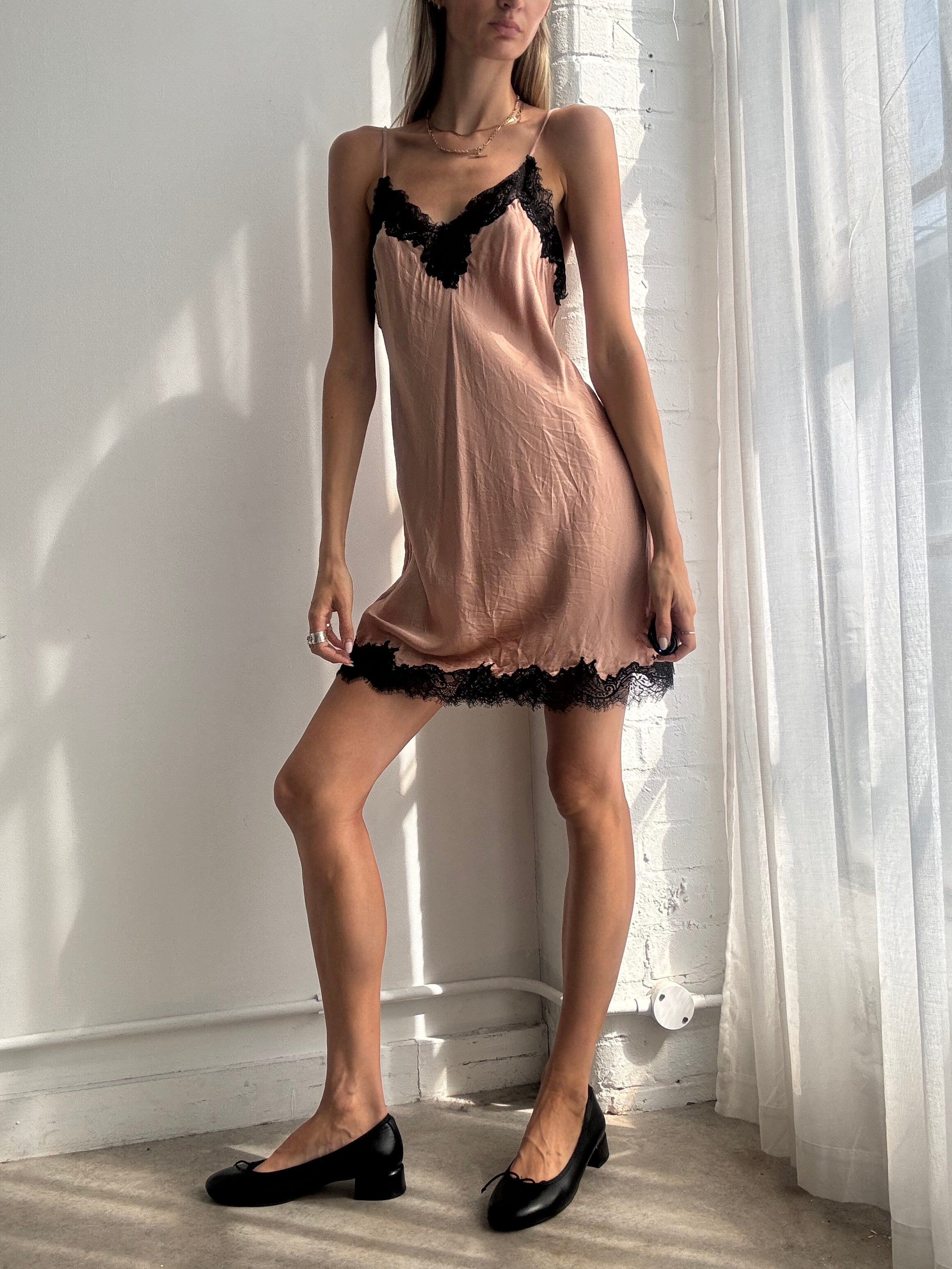 Vintage Y2K Blush Pink Silk Lace Trim Slip Mini Dress - Size S