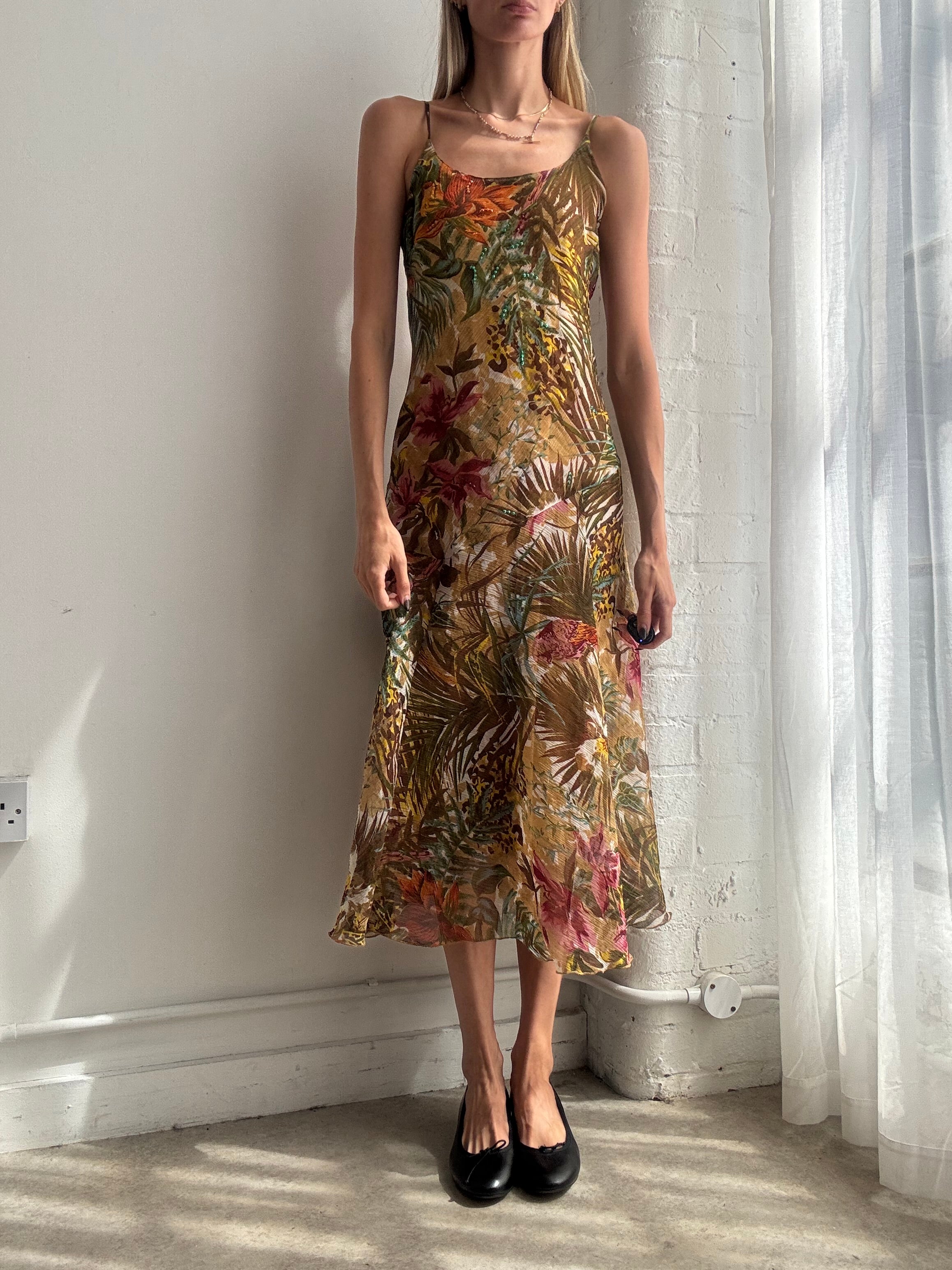 Vintage Y2K tropical mesh slip midi dress sequin - Size S/M