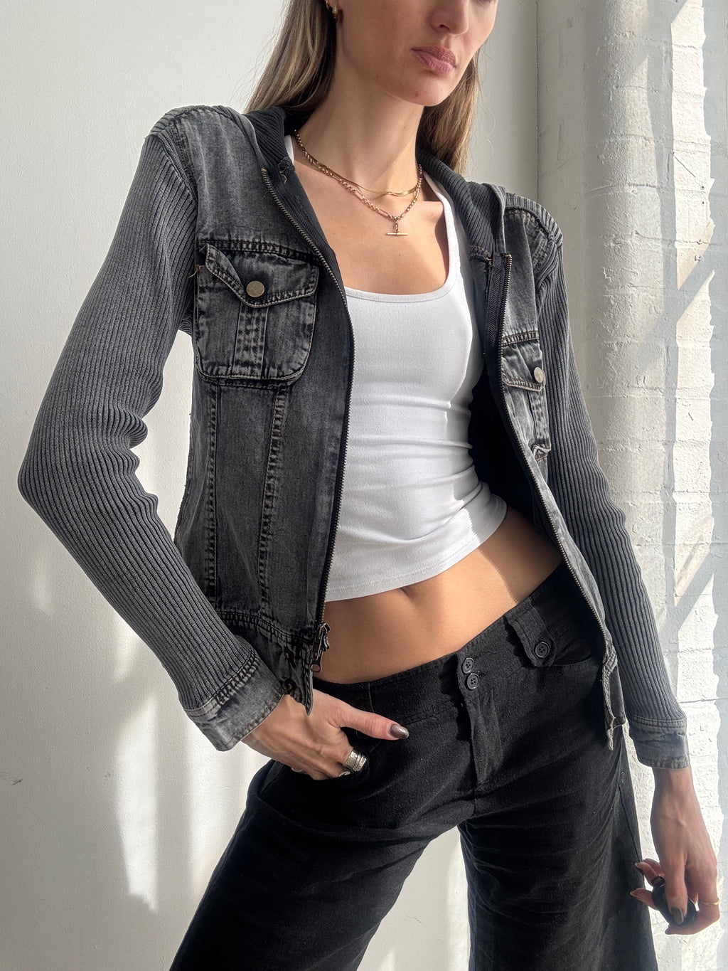 Vintage Y2K grey denim & knit zip up hooded jacket - Size S