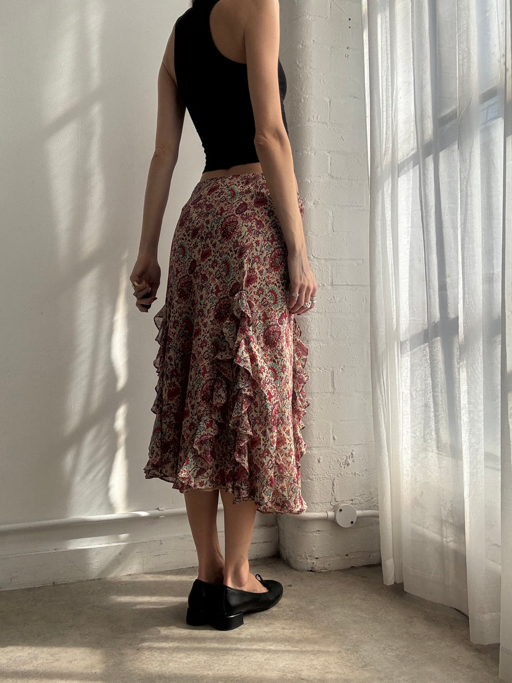 Vintage Y2K red floral ruffle midi skirt