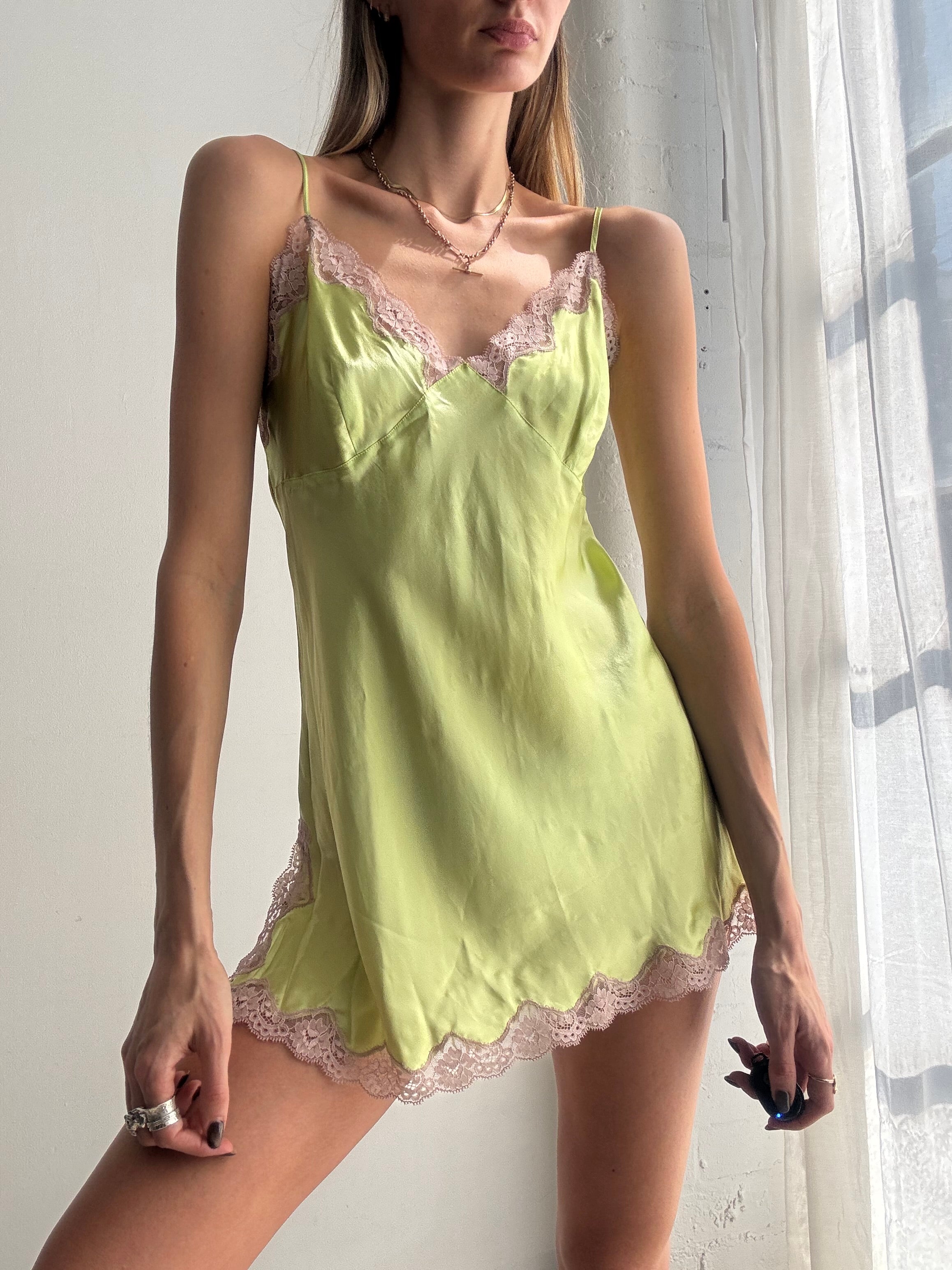 Vintage Y2K lime green silk & lace slip dress - Size L