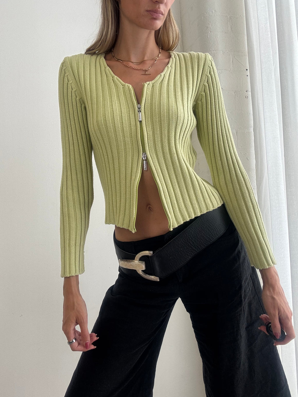 Vintage Y2K Lime Green Ribbed Zip Front Cardigan - Size S/M