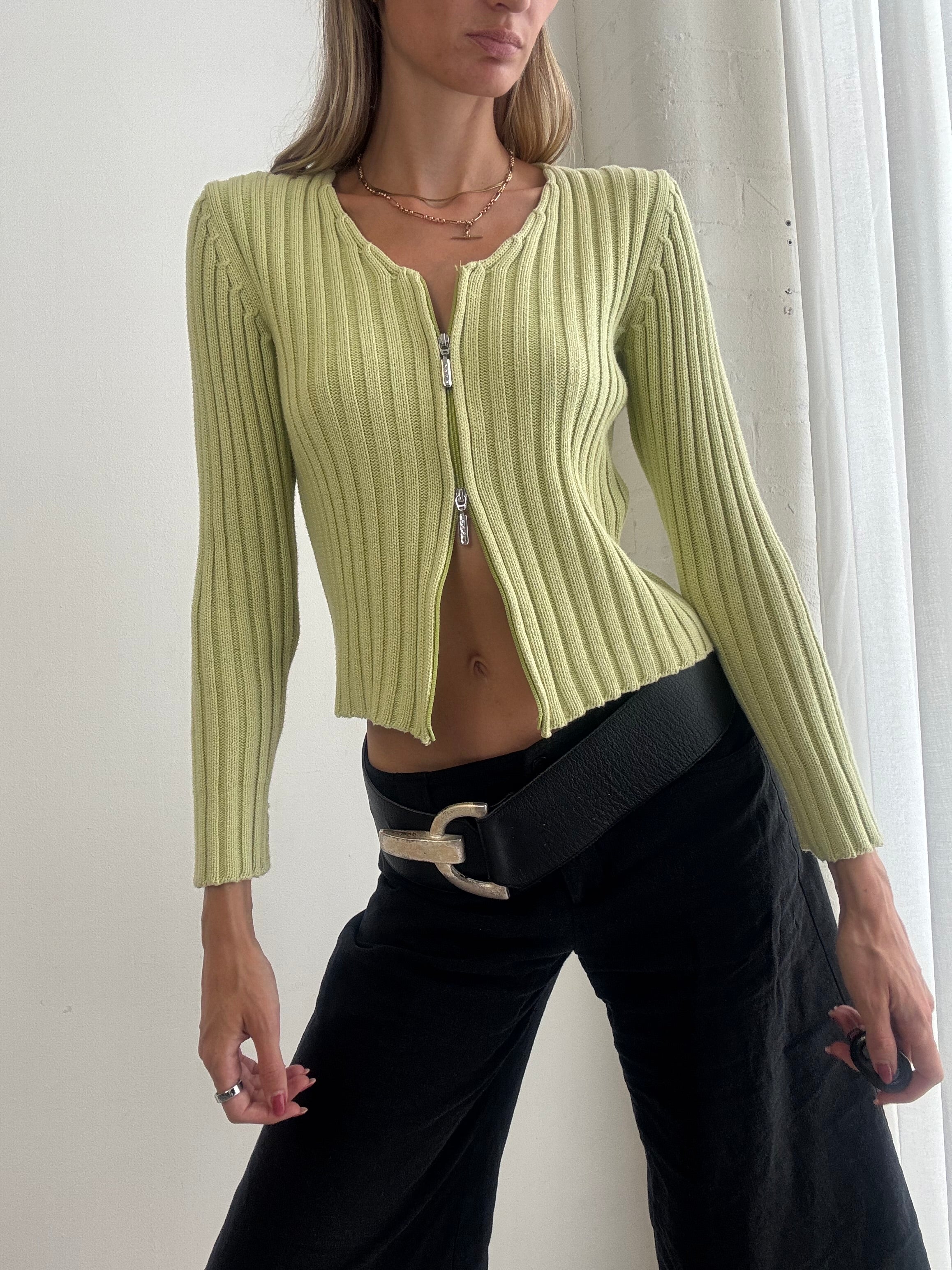 Vintage Y2K Lime Green Ribbed Zip Front Cardigan - Size S/M