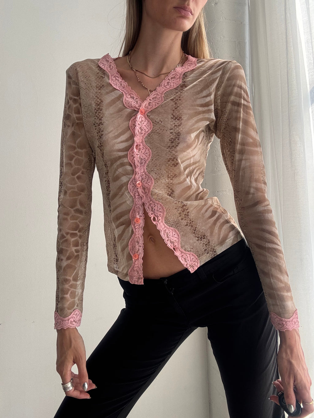 Vintage Y2K Sheer Animal Print Lace Cardigan Top – Pink Trim Mesh Long Sleeve - Size S