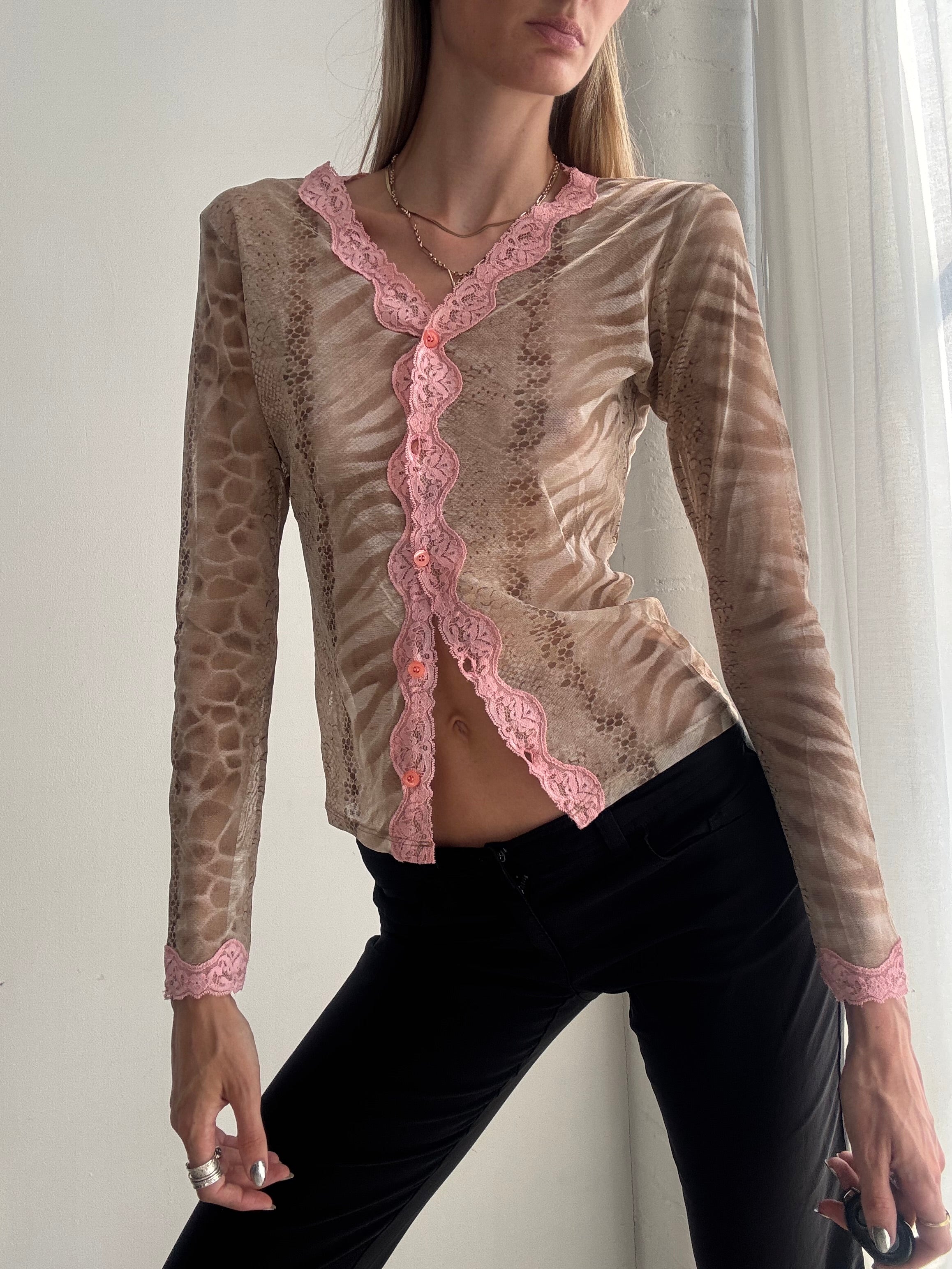 Vintage Y2K Sheer Animal Print Lace Cardigan Top – Pink Trim Mesh Long Sleeve - Size S