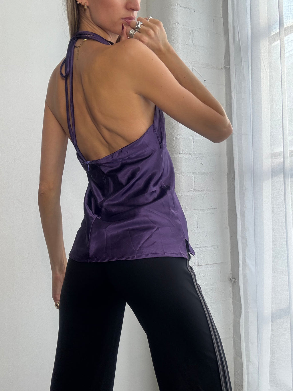 Vintage Y2K purple satin halter neck beaded top