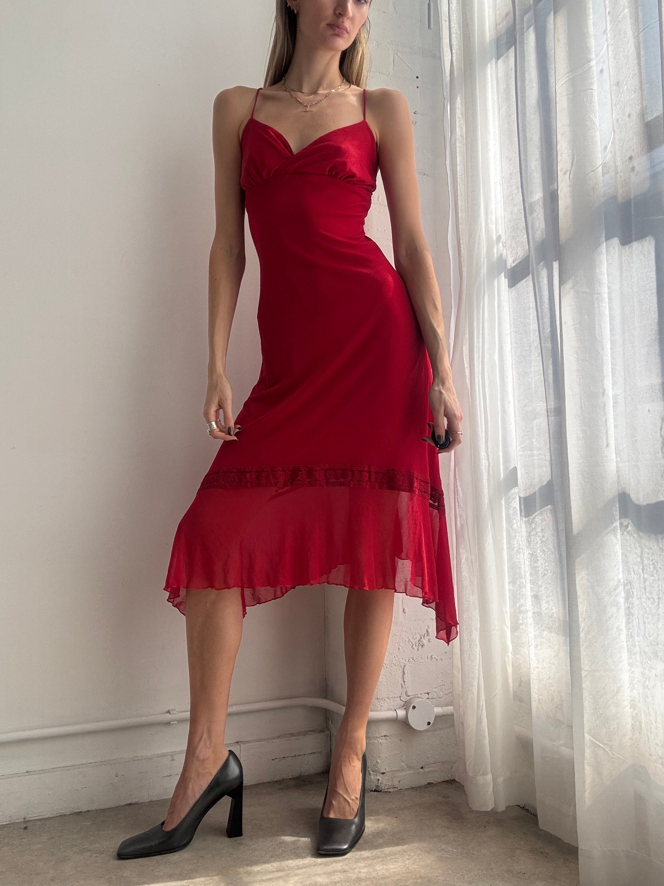 Vintage Y2K red chiffon asymmetrical midi dress - Size S