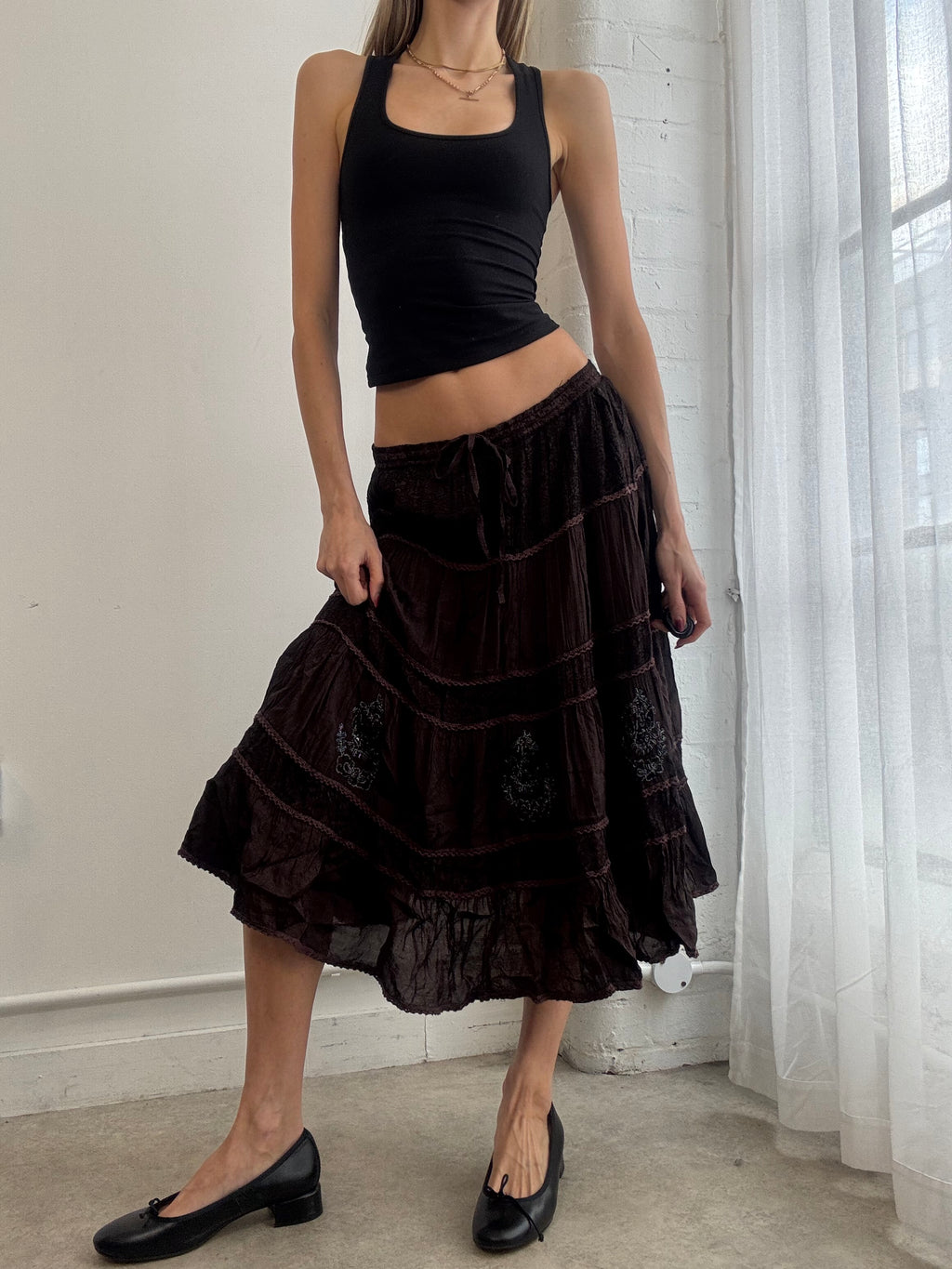 Vintage Y2K brown tiered midi skirt