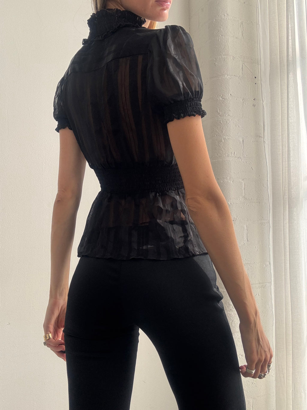 Vintage Y2K Black Sheer Ruffle Blouse - Size S