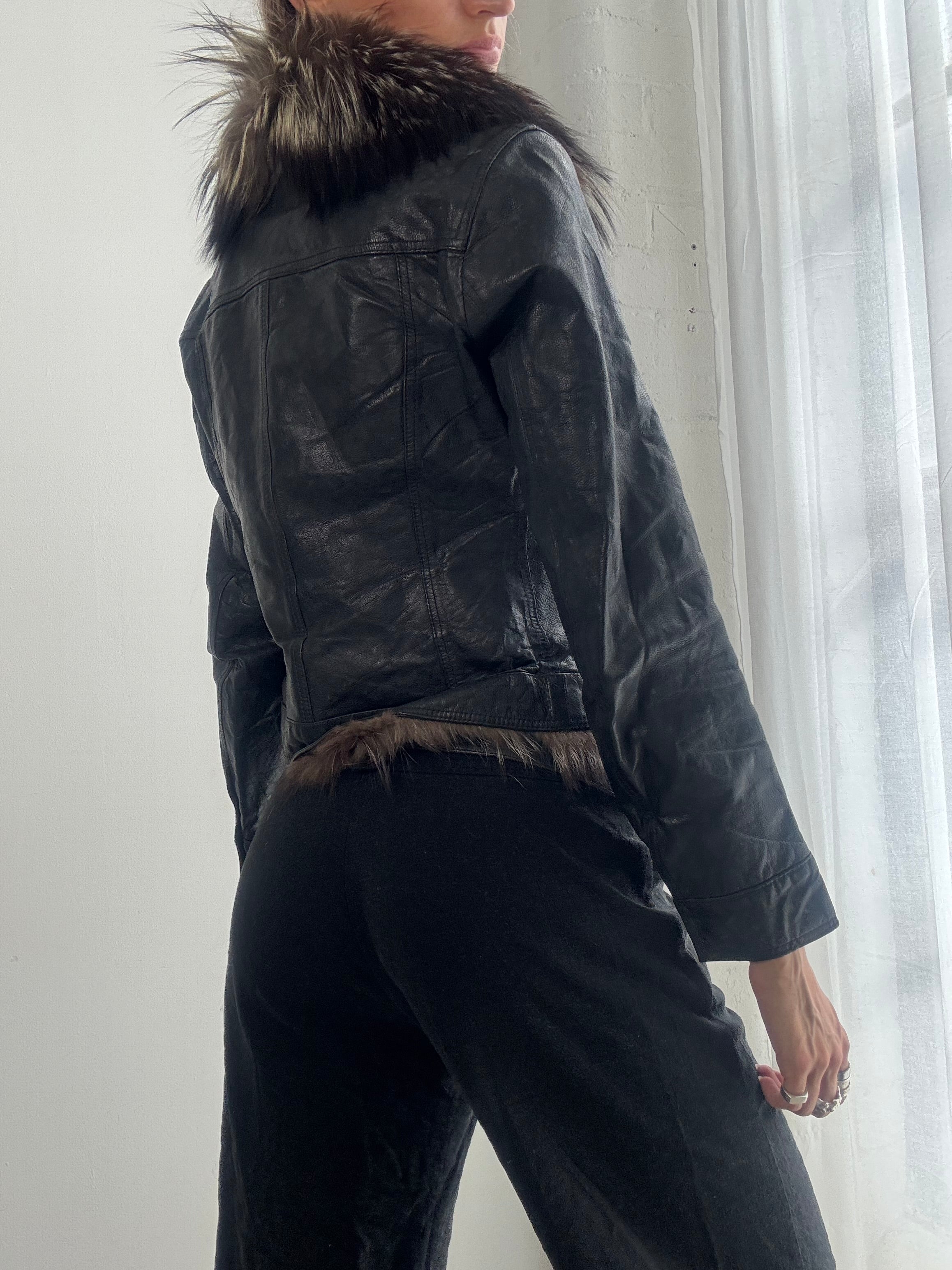 Vintage Y2K Black Leather Fox Fur Trim Afghan Jacket - Size XS