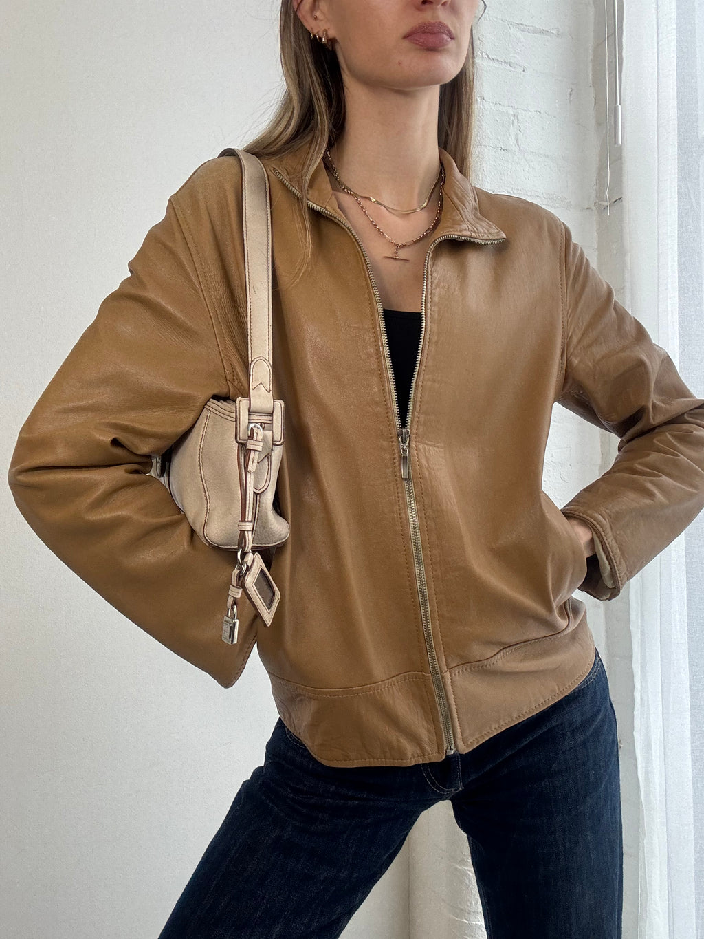 Vintage Y2K tan leather zip jacket