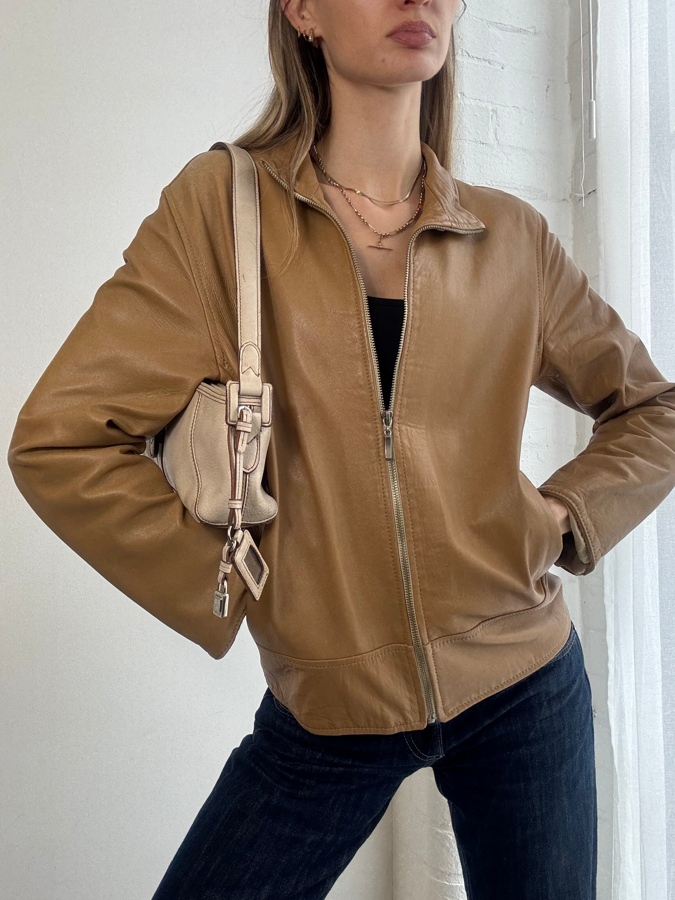 Vintage Y2K tan leather zip jacket