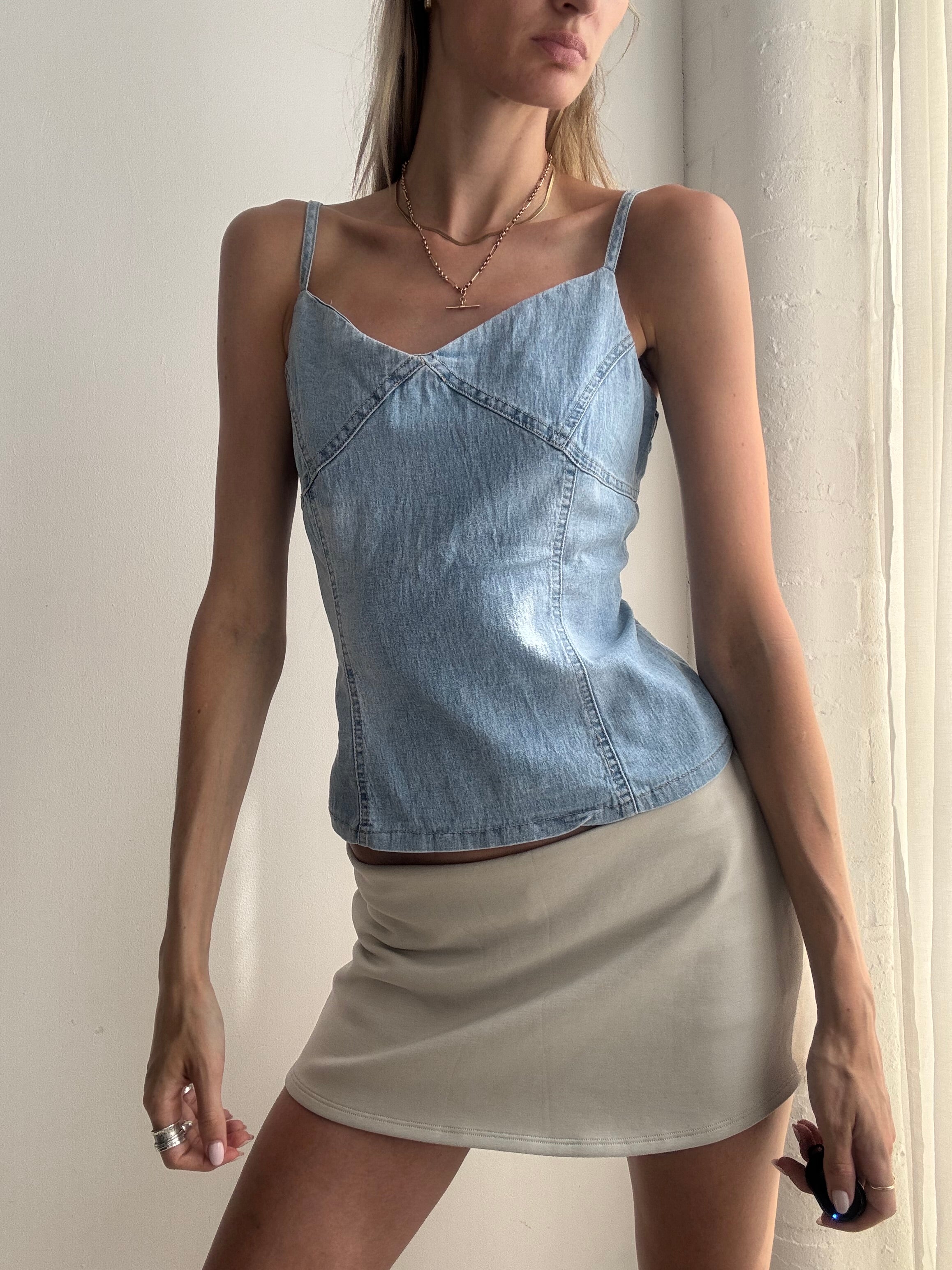Vintage Y2K Baby Blue Denim Corset Cami Top - Size L