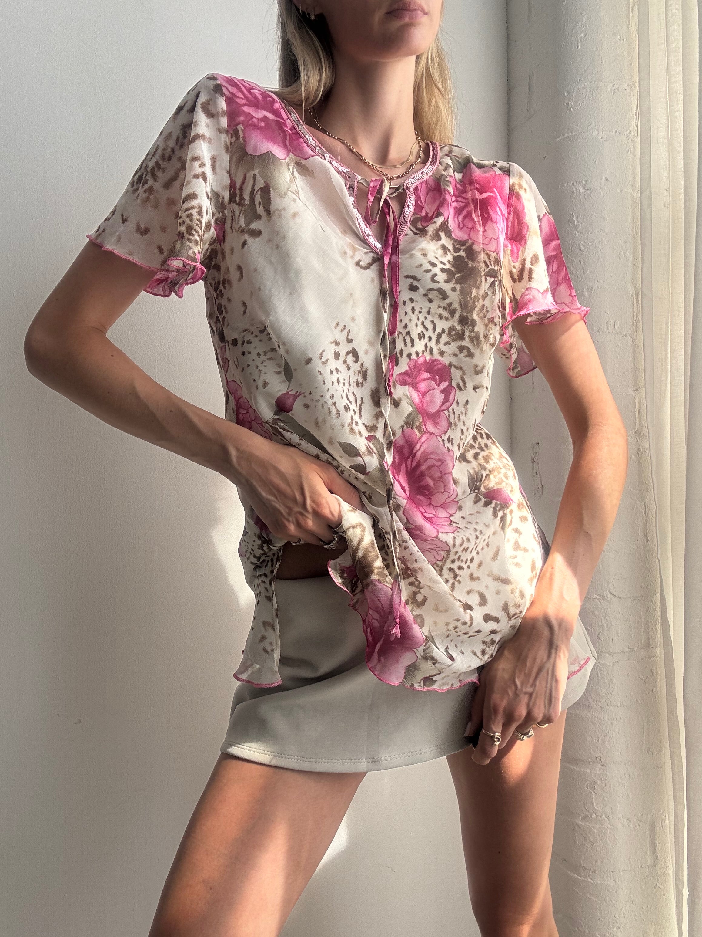 Vintage Y2K Floral Leopard Mesh Top Sequins - Size S/M