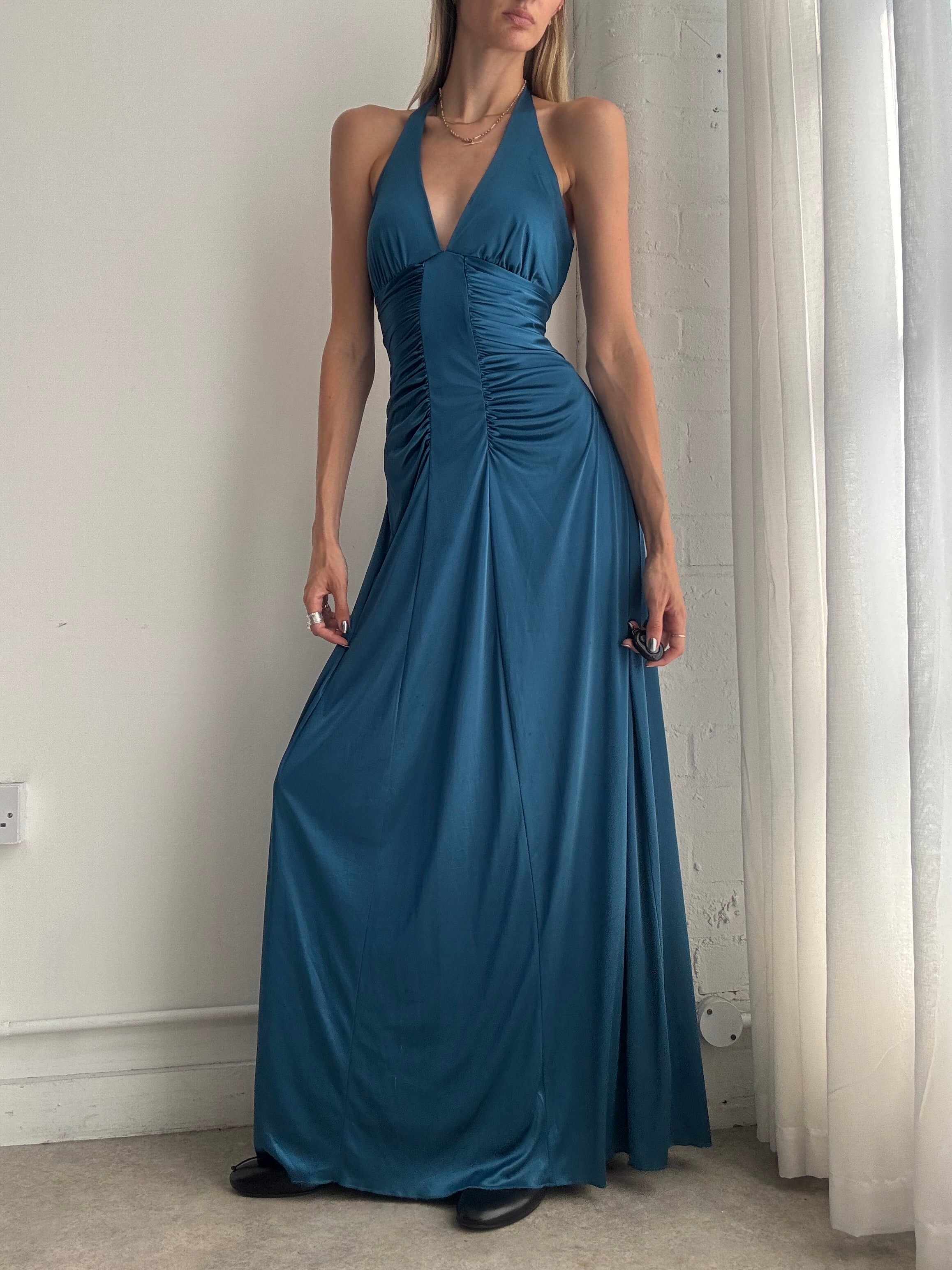 Vintage Y2K Teal Grecian Maxi Dress – Ruched Halterneck Evening Gown - Size S