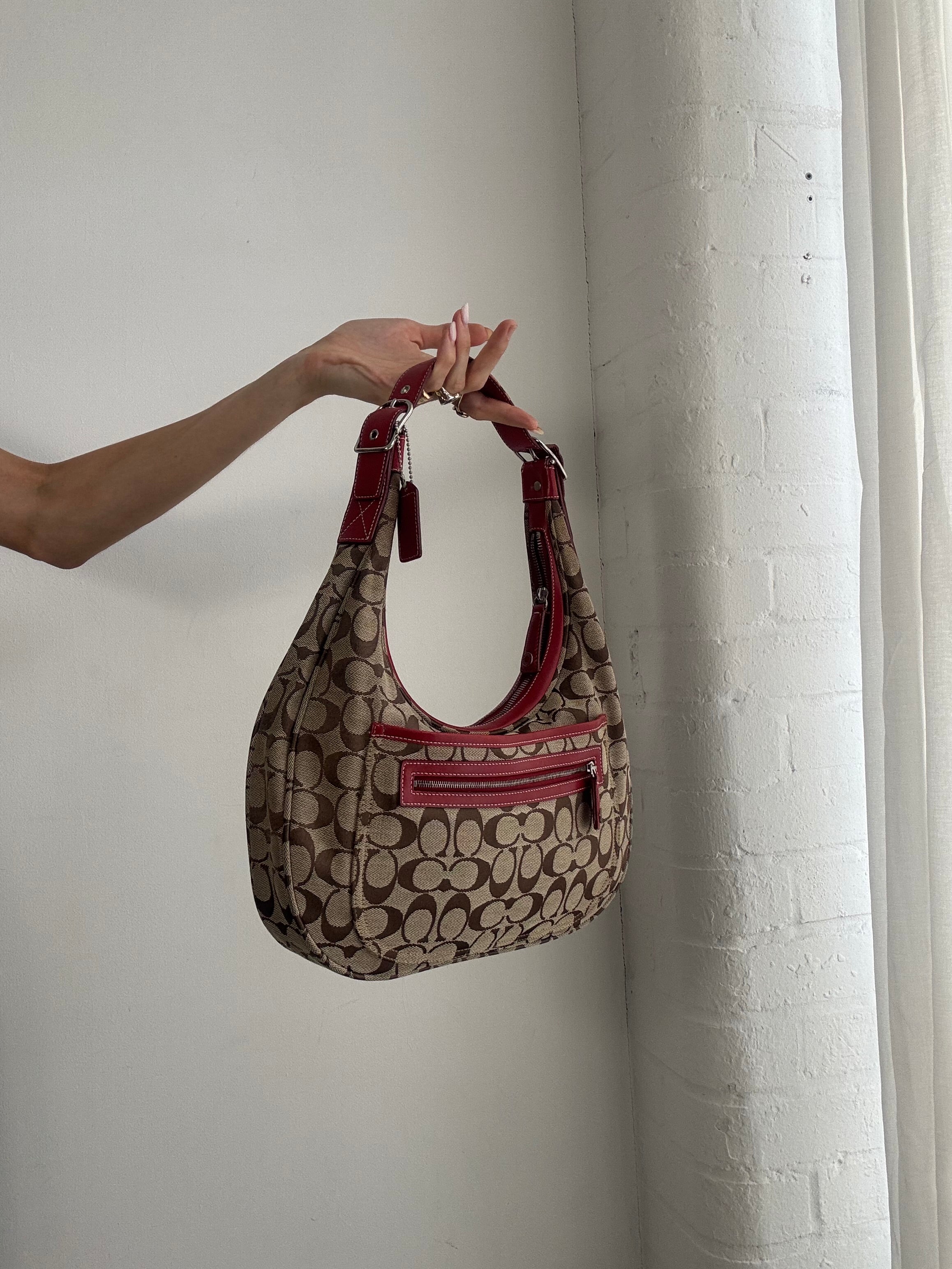 Vintage Y2K Coach Signature Soho Hobo Bag – Brown Monogram Canvas & Red Leather Trim
