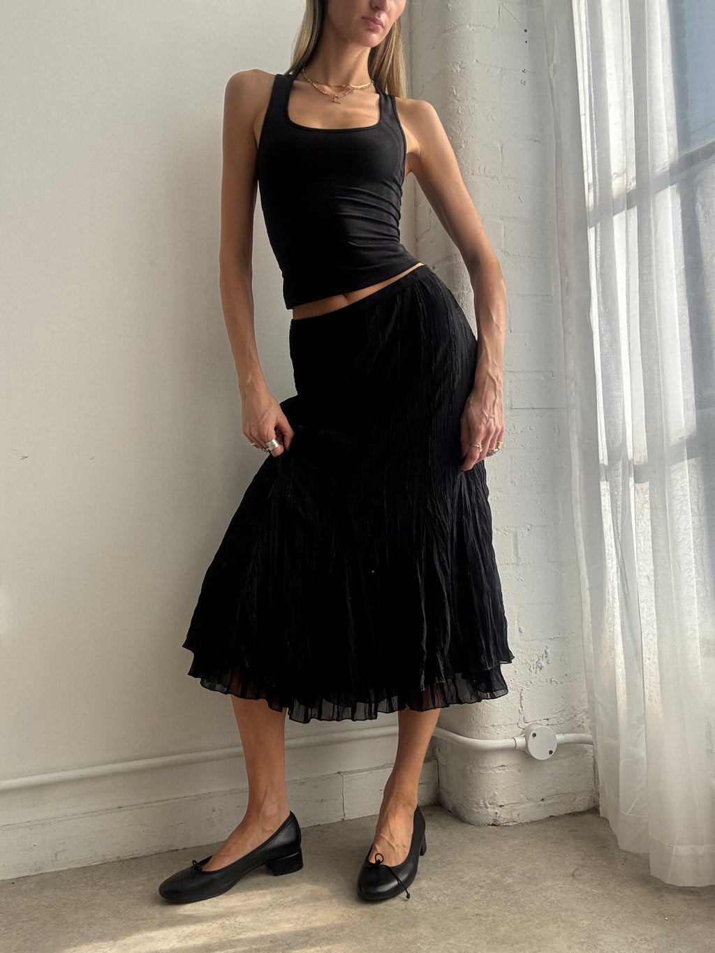 Vintage Y2K black mesh crinkle midi skirt