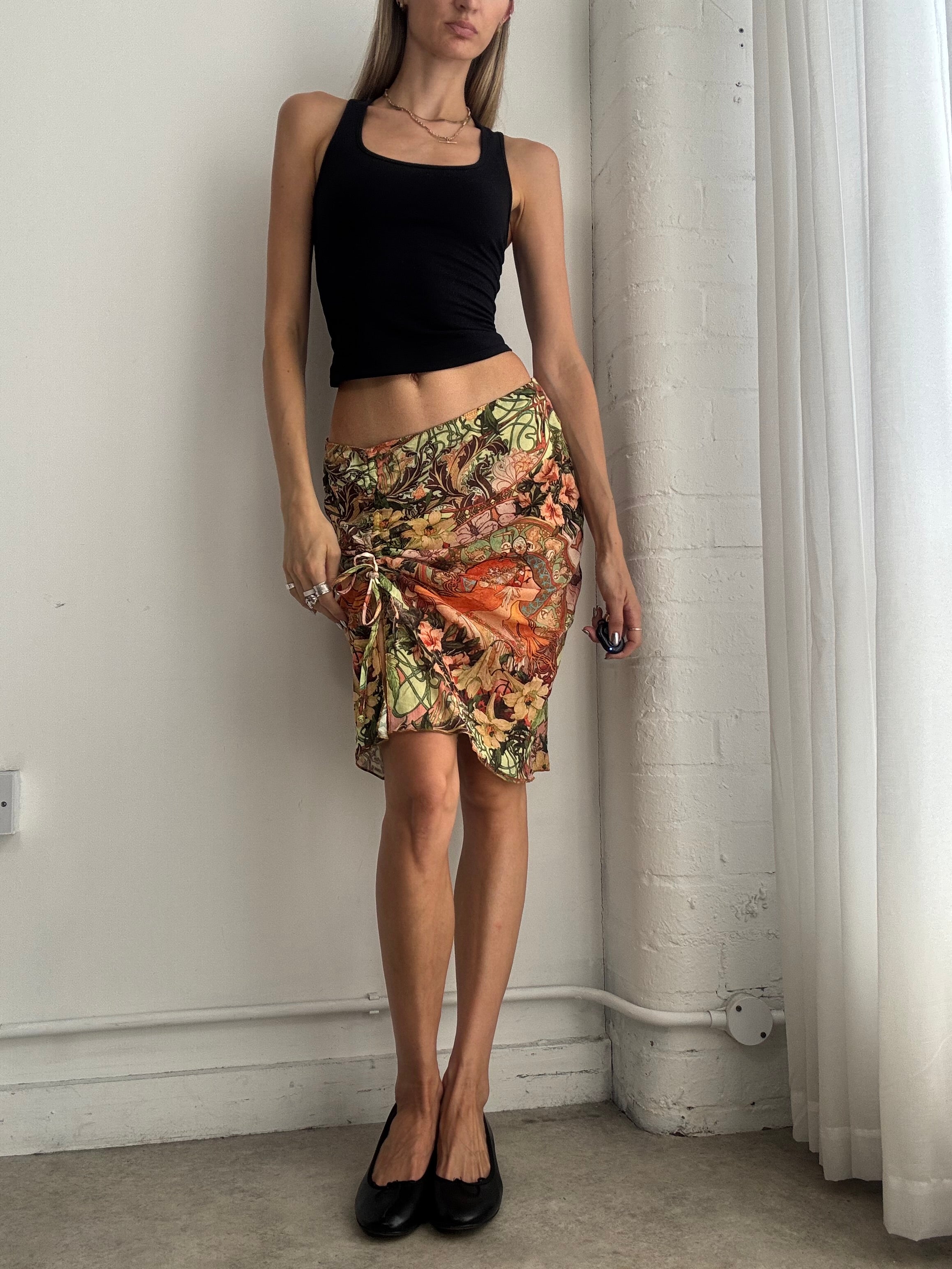 Vintage Y2K Tropical Floral Ruched Midi Skirt – Orange Green Mesh Bodycon Skirt - Size M