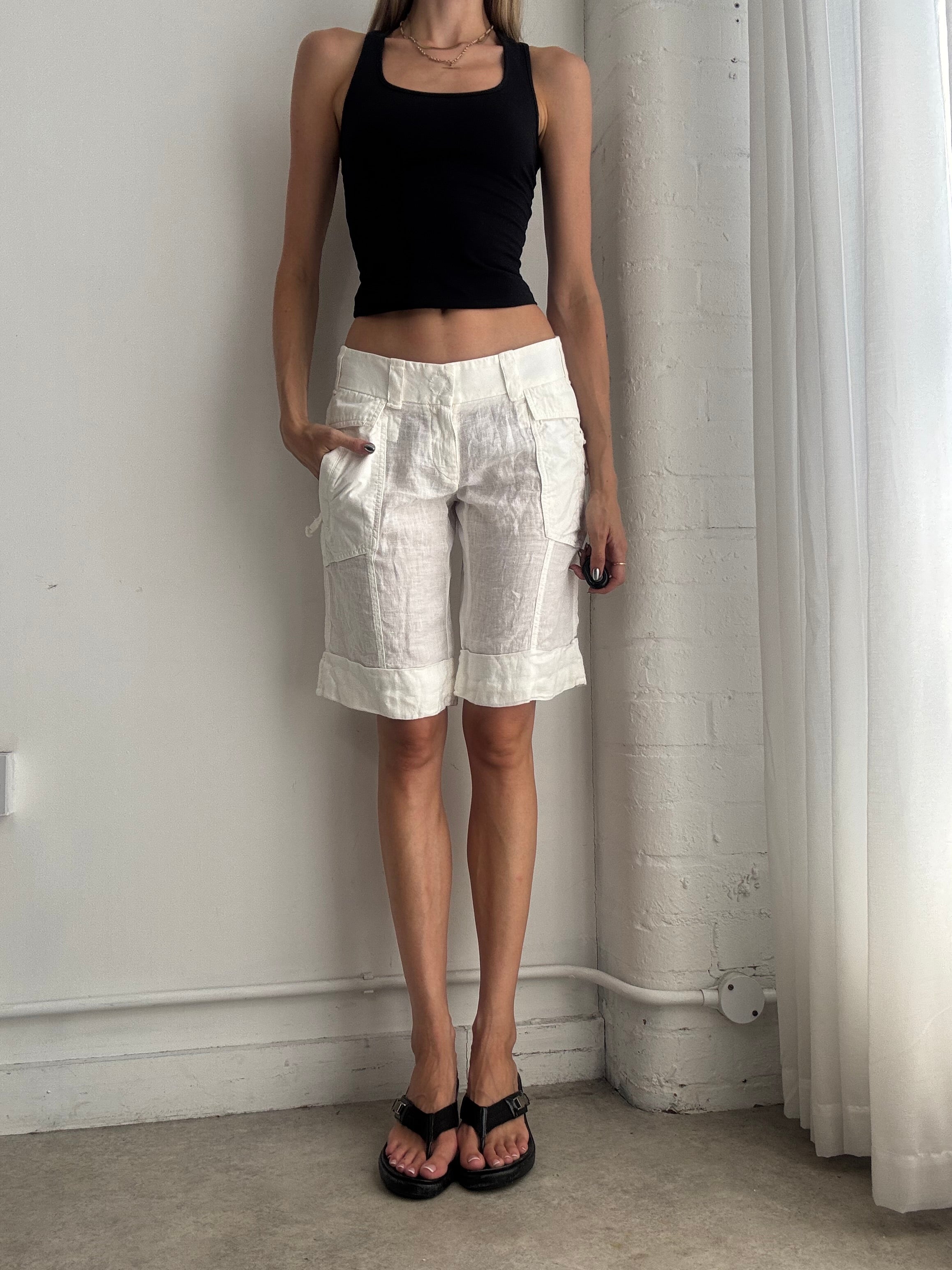 Vintage Y2K White Linen Capri Pants – Low Rise Utility Knee Length Shorts - Size S