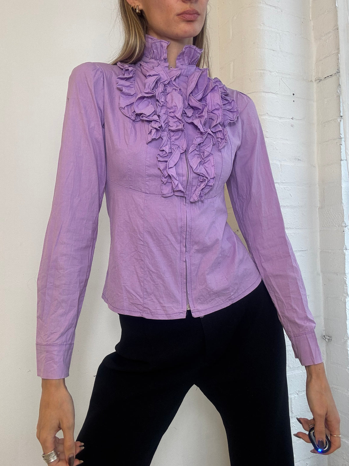 Vintage Y2K Lilac Ruffle Front Zip Up Shirt - Size S