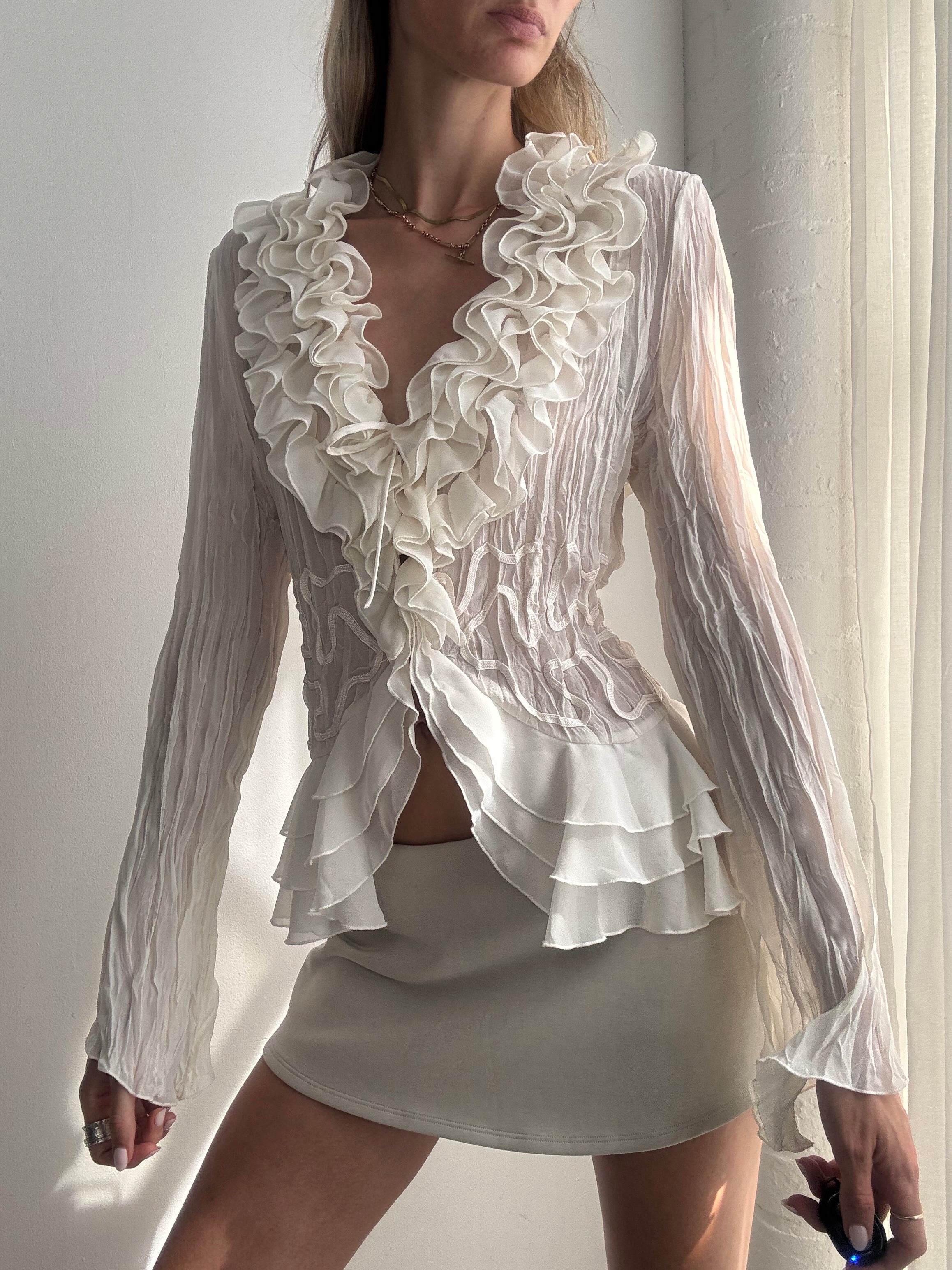 Vintage Y2K Sheer Ruffle Blouse - Size L