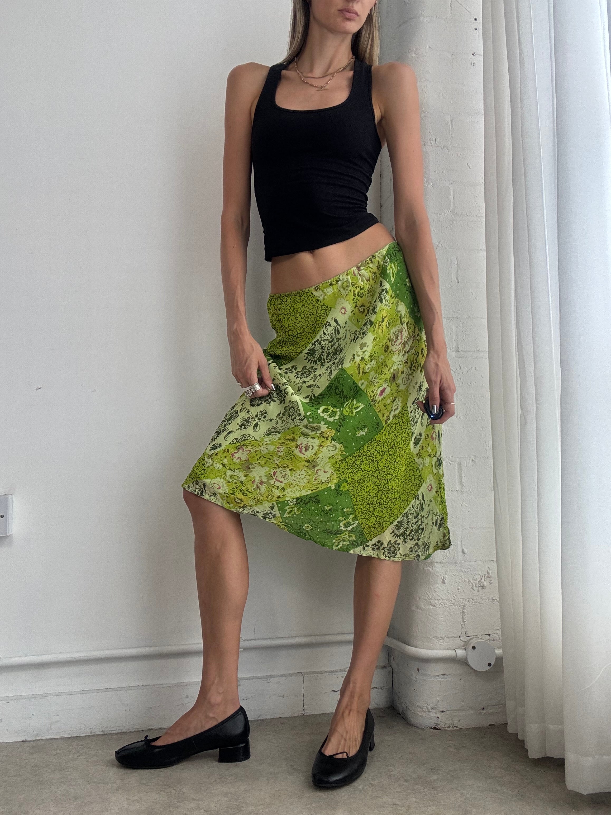 Vintage Y2K Green Floral Mesh Midi Skirt – Size S/M