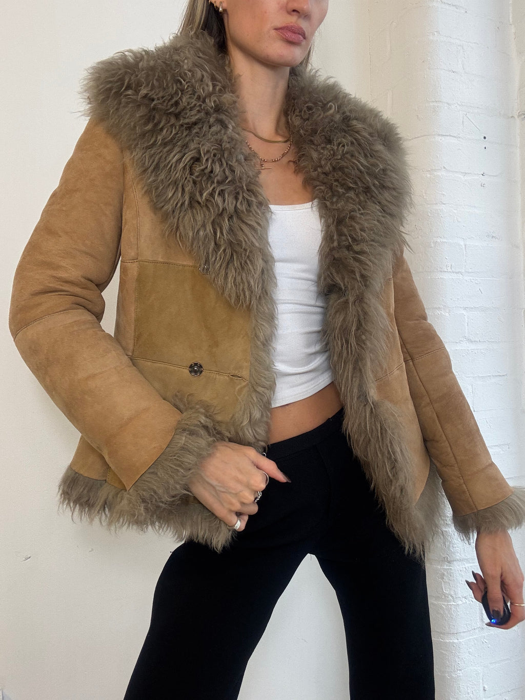 Vintage Y2K Tan Suede & Shaggy Shearling Trim Penny Lane Jacket - Size XS