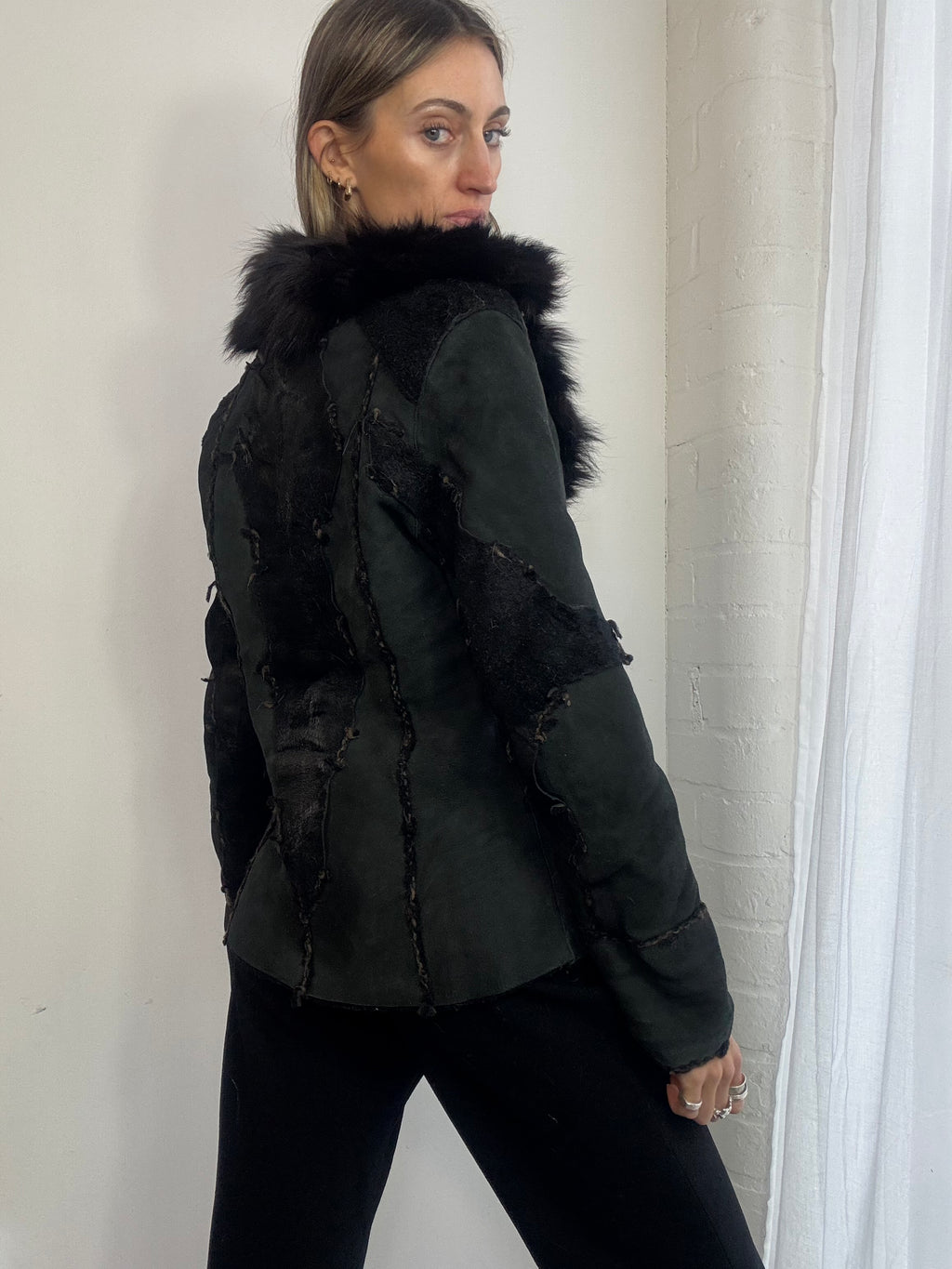 Vintage Y2K black sheepskin suede & fur trim jacket