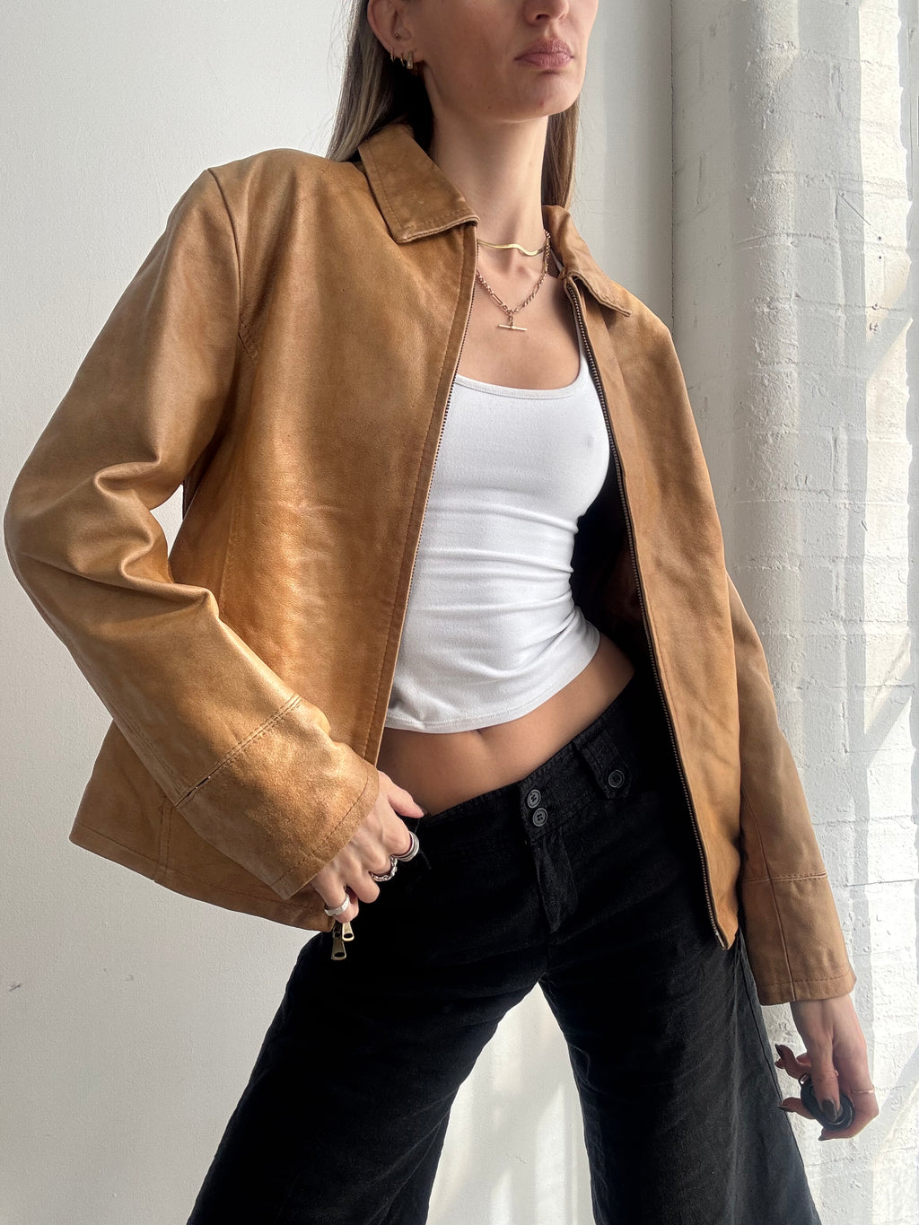 Vintage Y2K tan leather dual zip jacket - Size M