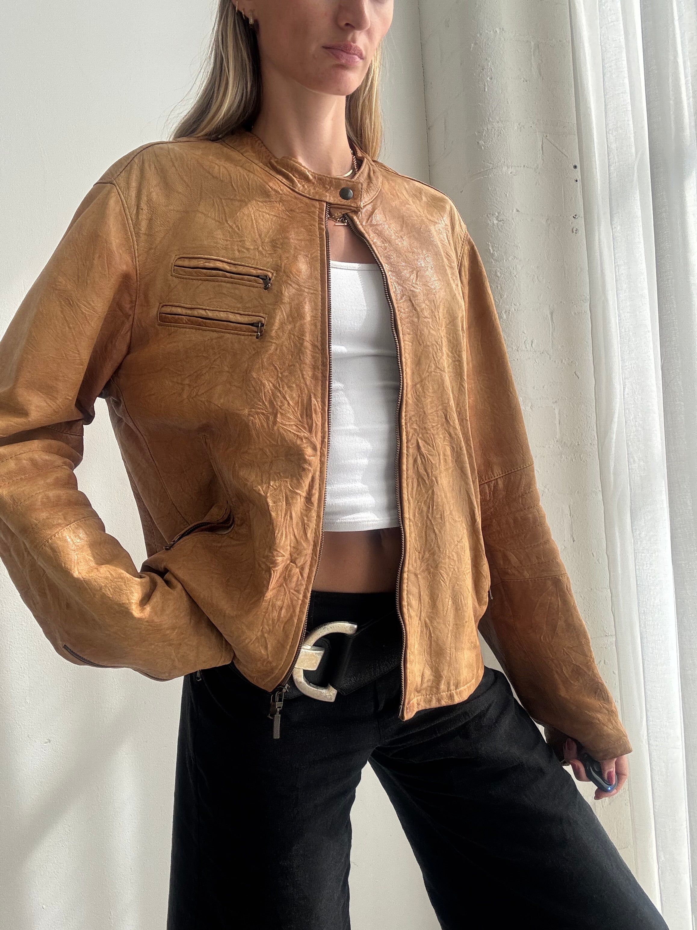 Vintage Y2K Tan Brown Leather Biker Jacket - Size L