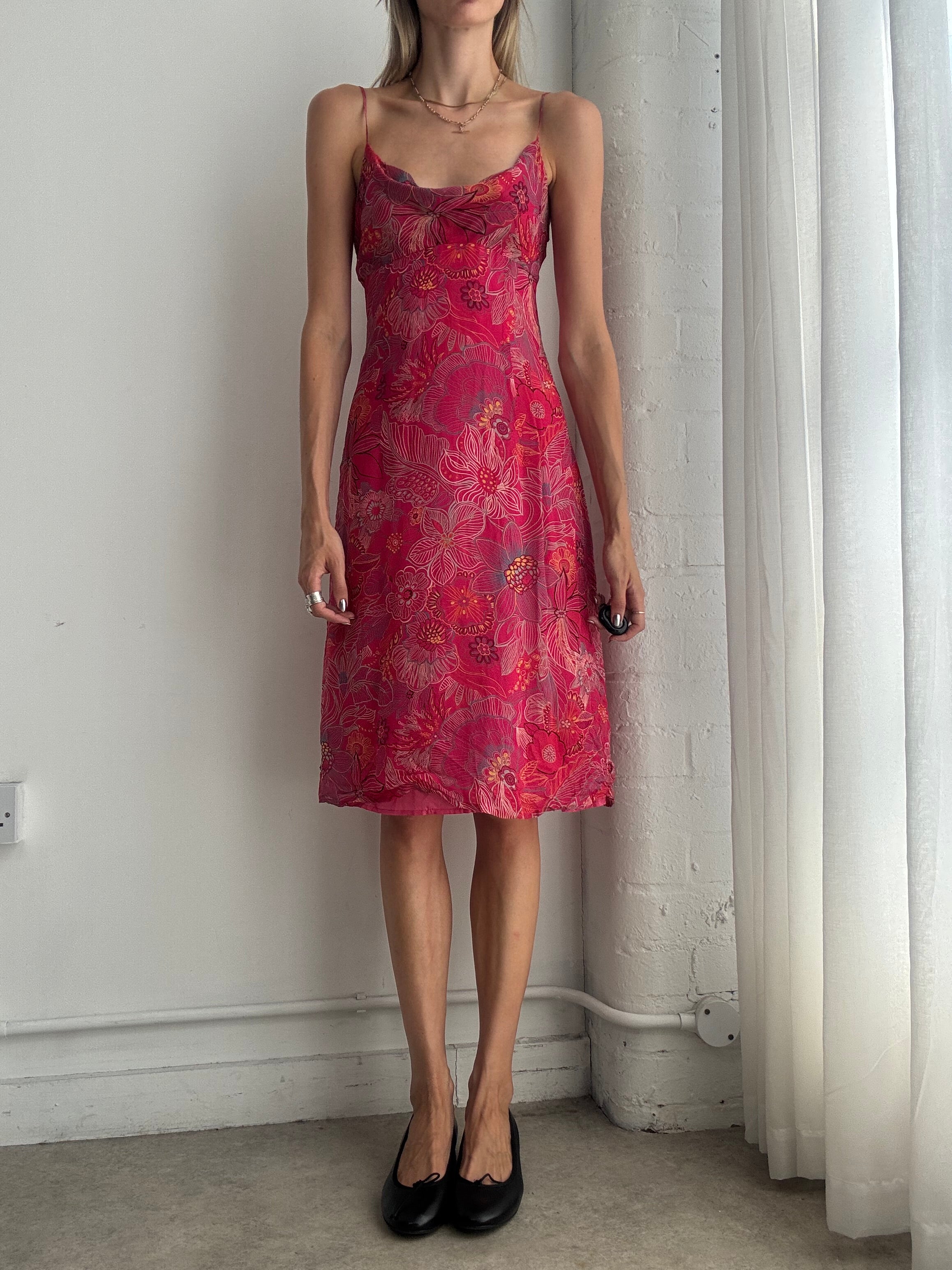 Vintage Y2K Pink Floral Silk Slip Midi Dress – Size M