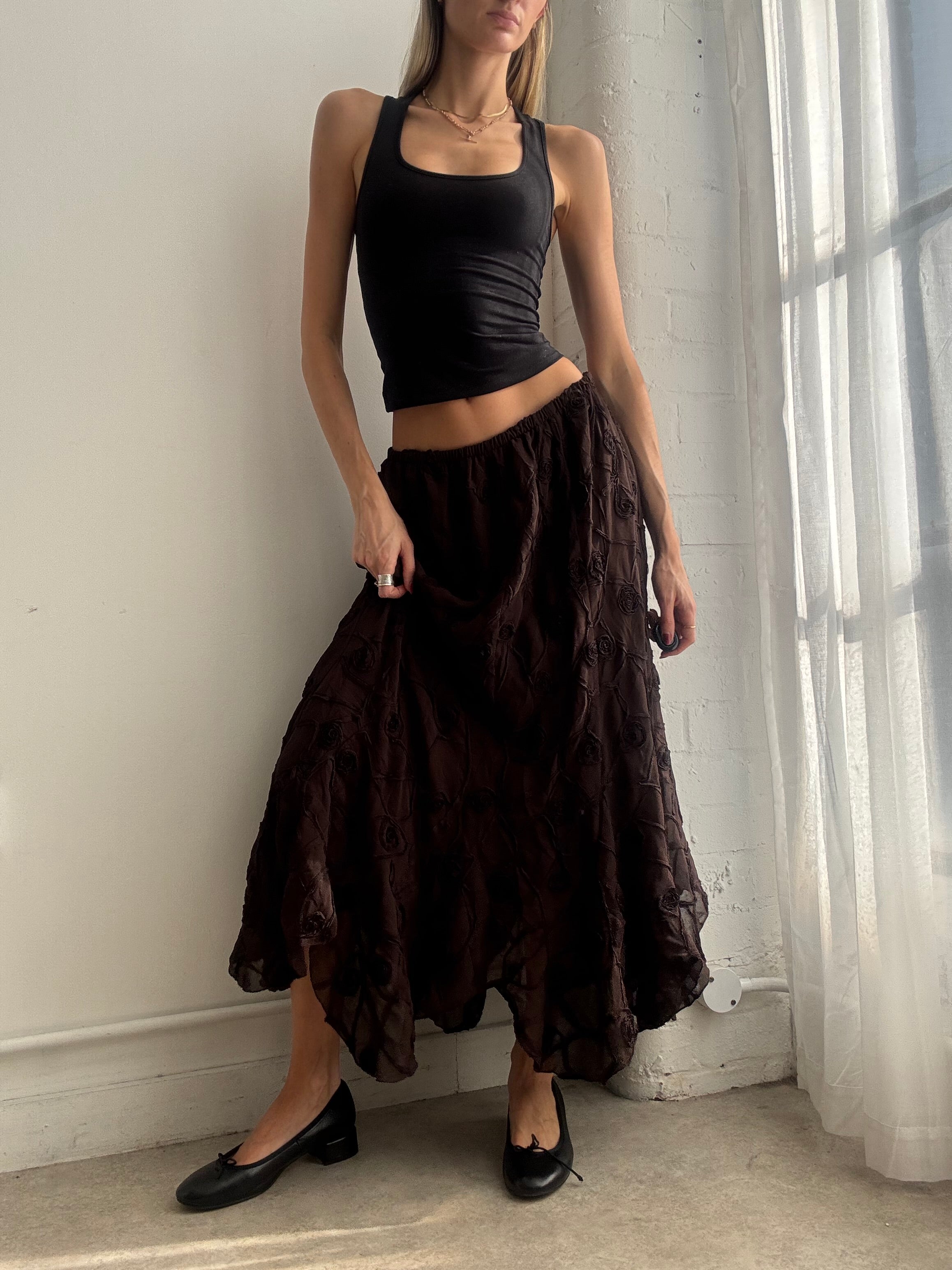 Vintage 90s brown mesh floral maxi skirt