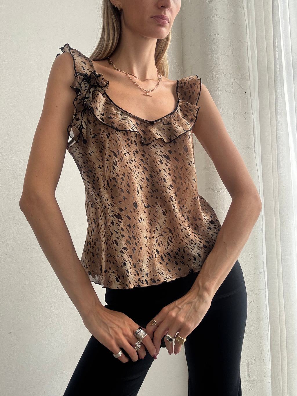 Vintage Y2K Brown Animal Print Ruffle Cami Top - Size M