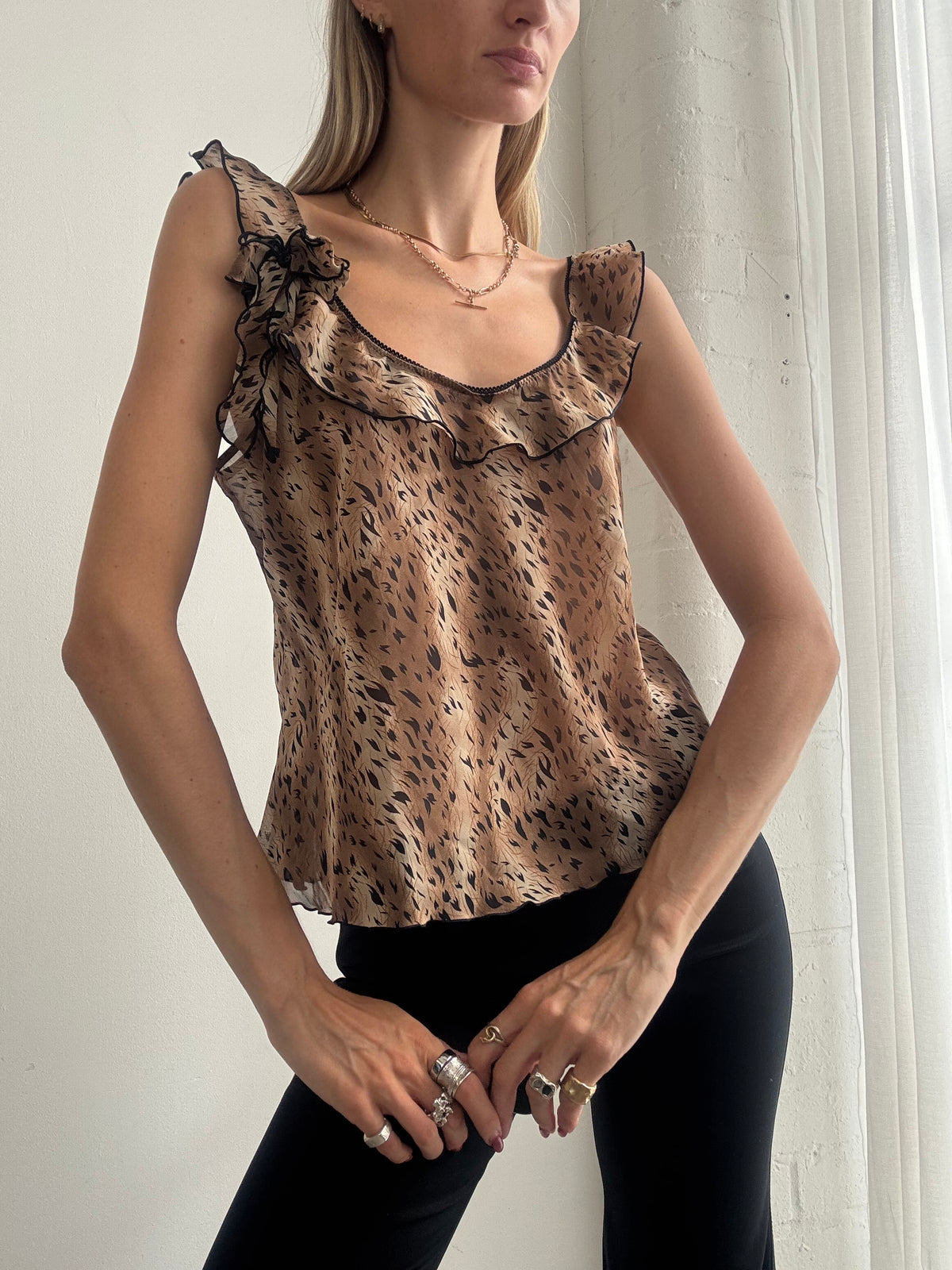 Vintage Y2K Brown Animal Print Ruffle Cami Top - Size M