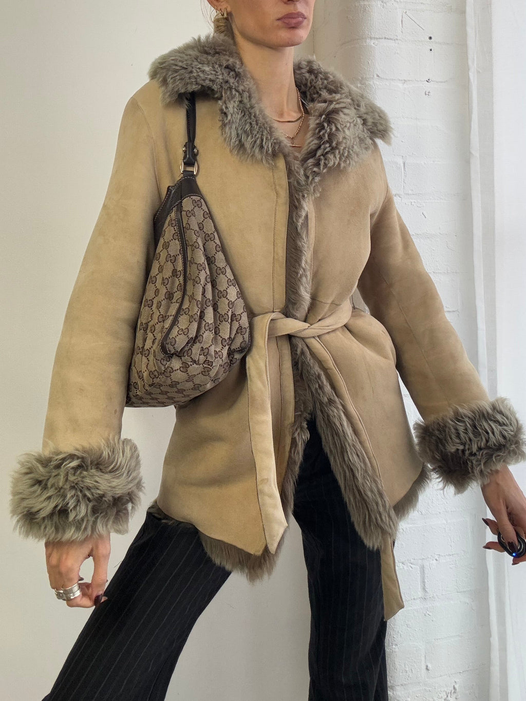 Vintage genuine sheepskin suede coat belted