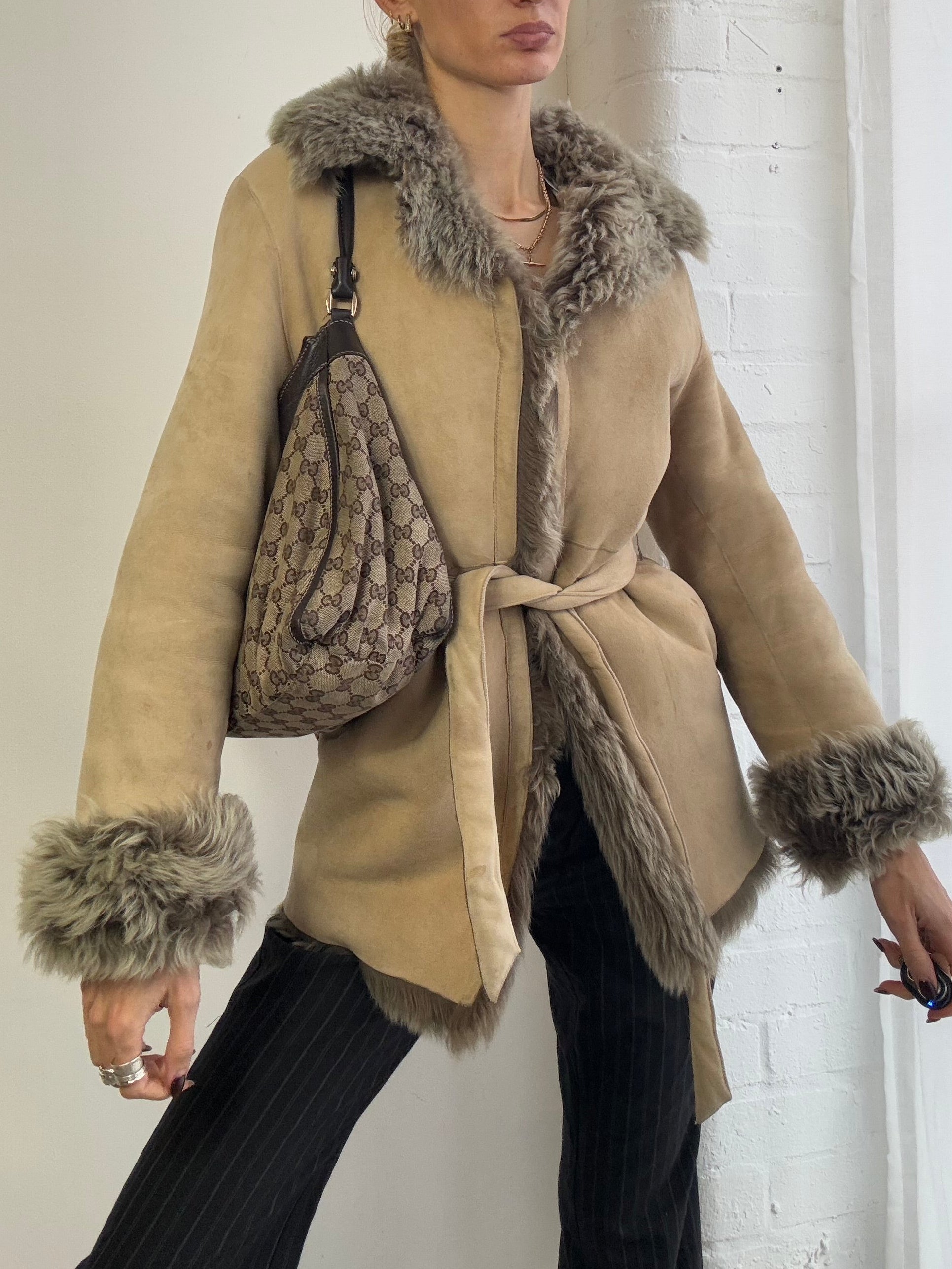 Vintage genuine sheepskin suede coat belted