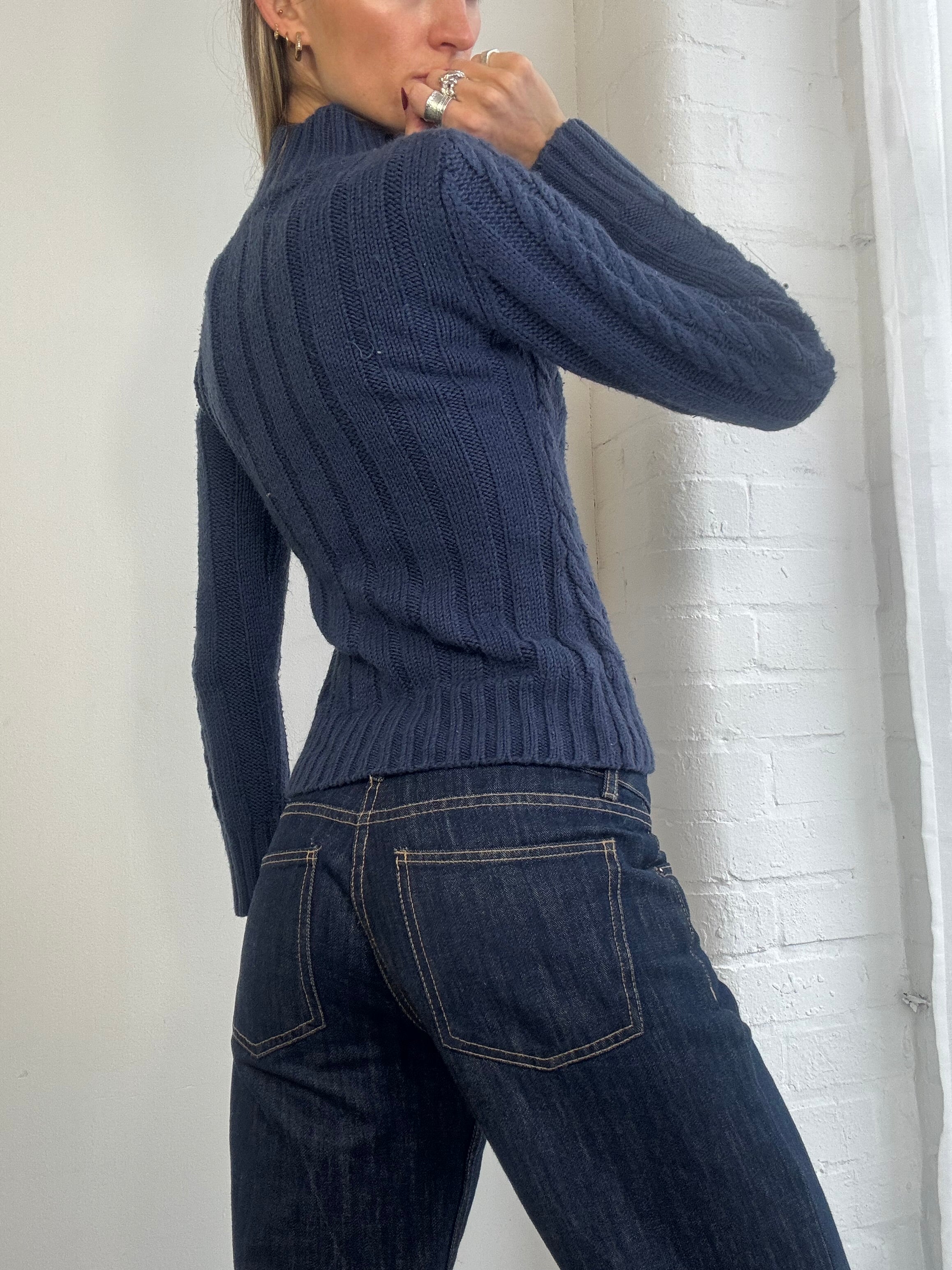 Vintage Y2K cable knit dual zip jumper navy blue