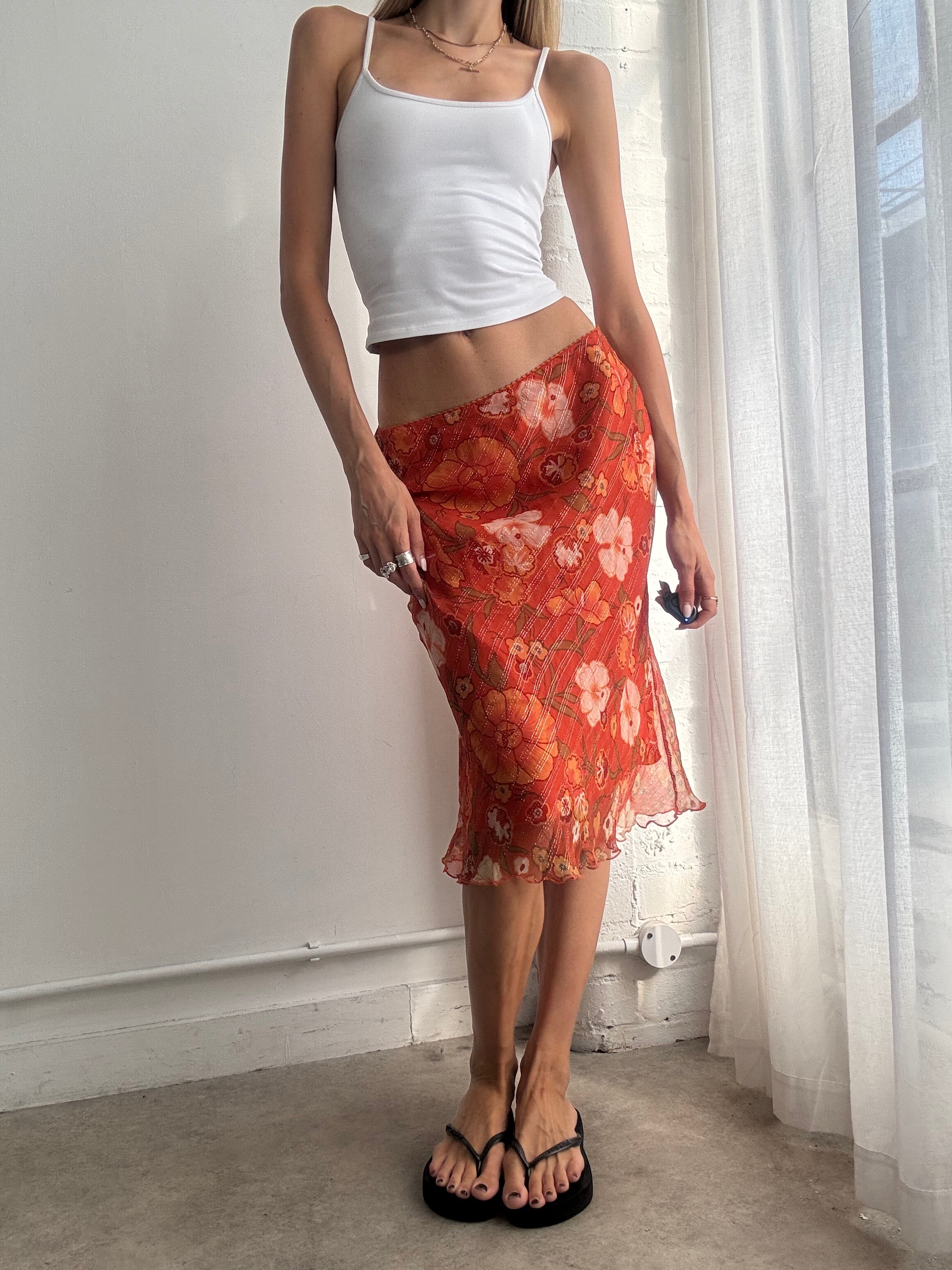 Vintage Y2K Red Orange Floral Mesh Bias Cut Midi Skirt - Size S
