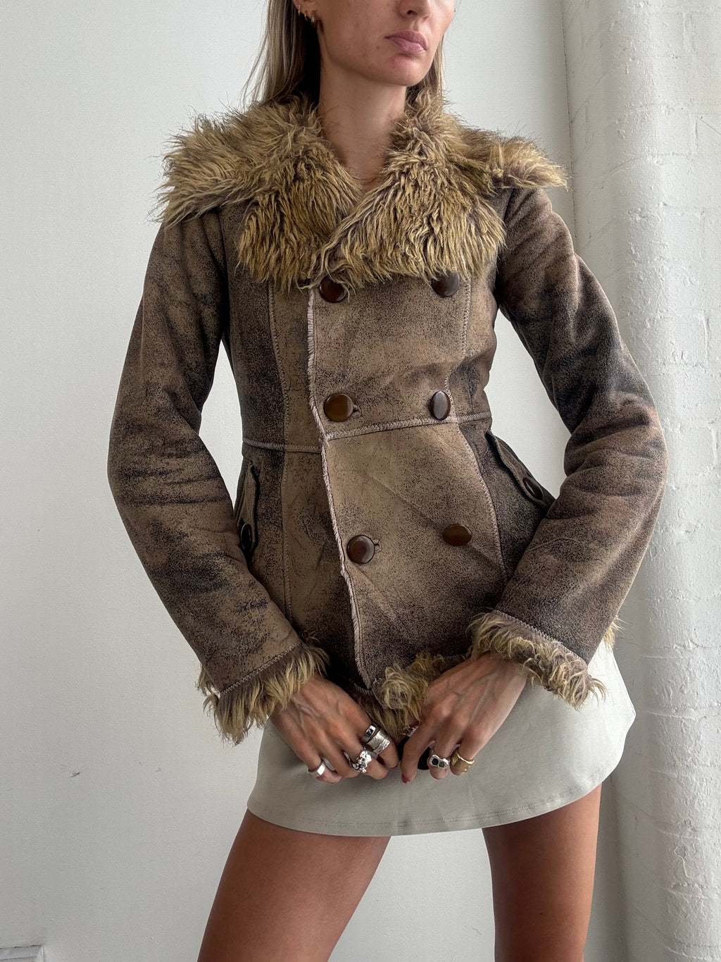 Vintage Y2K Brown Faux Fur Trim Fitted Afghan Jacket - Size S