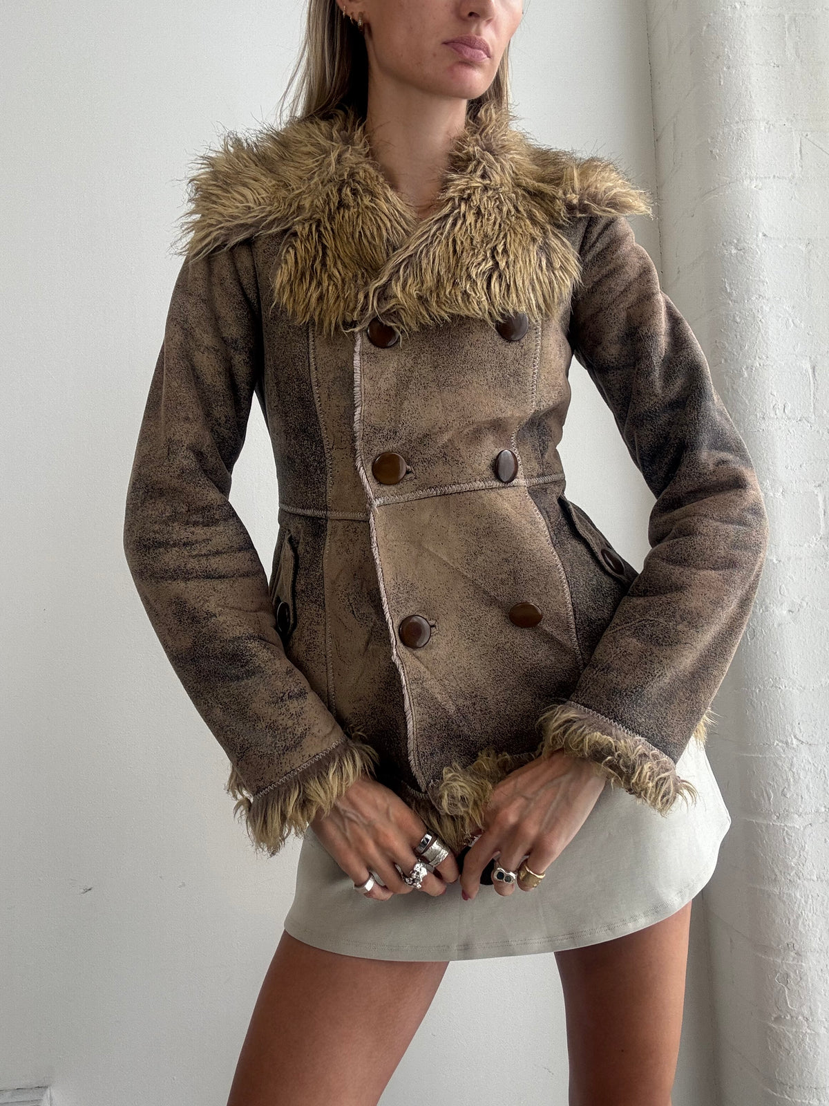 Vintage Y2K Brown Faux Fur Trim Fitted Afghan Jacket - Size S