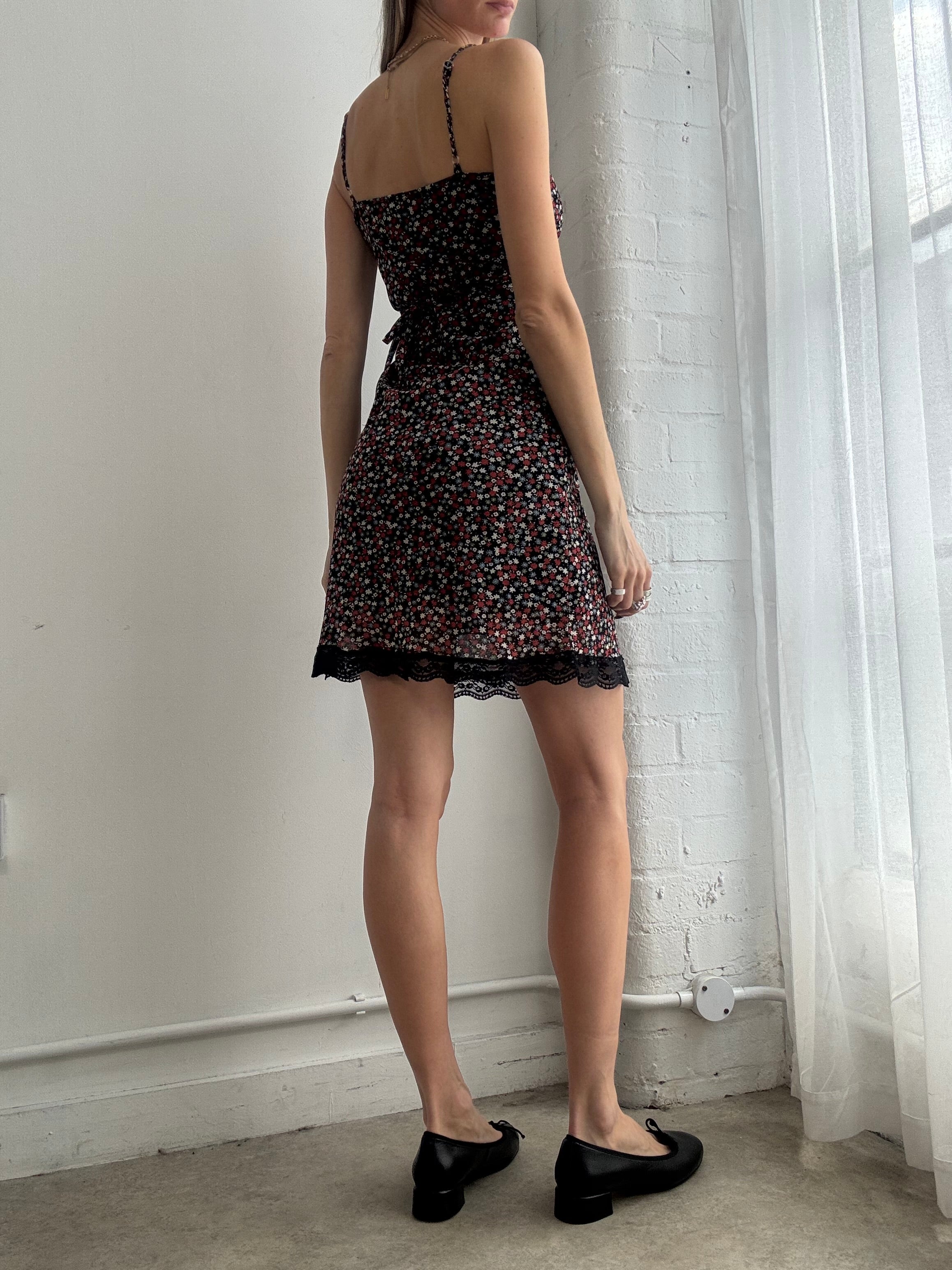 Vintage y2k black floral mesh slip mini dress - Size XS/S