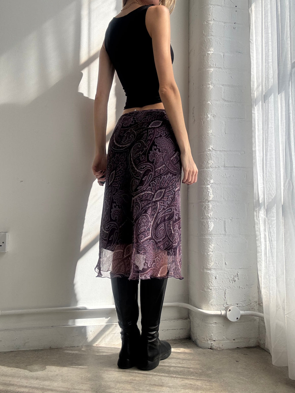 Vintage Y2K purple paisley mesh midi skirt