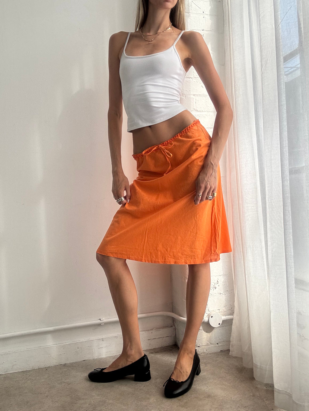 Vintage Y2K Bright Orange Linen Midi Skirt - Size S/M